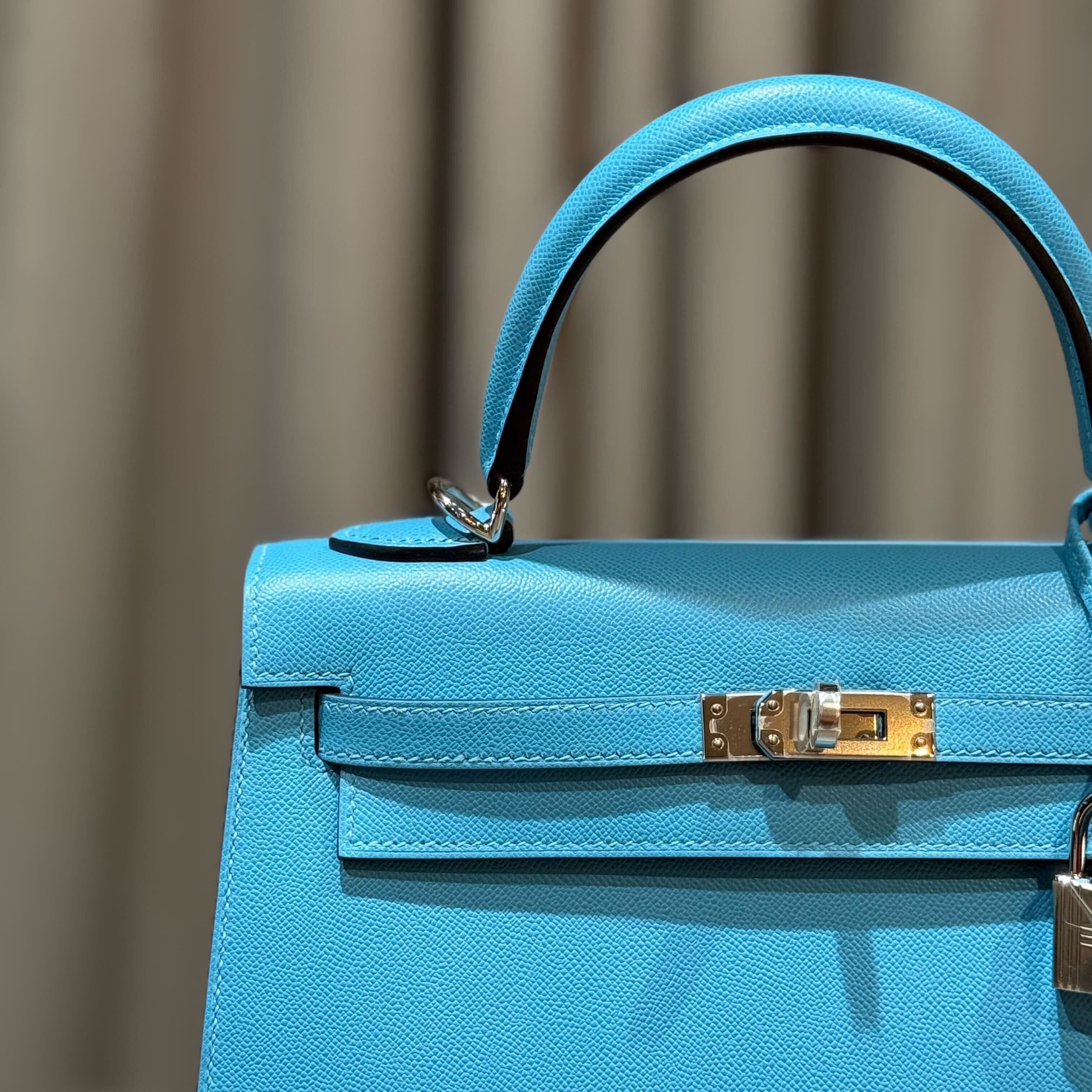 Hermès Kelly Sellier 25 Blue Du Nord Cuivre Madame Palladium