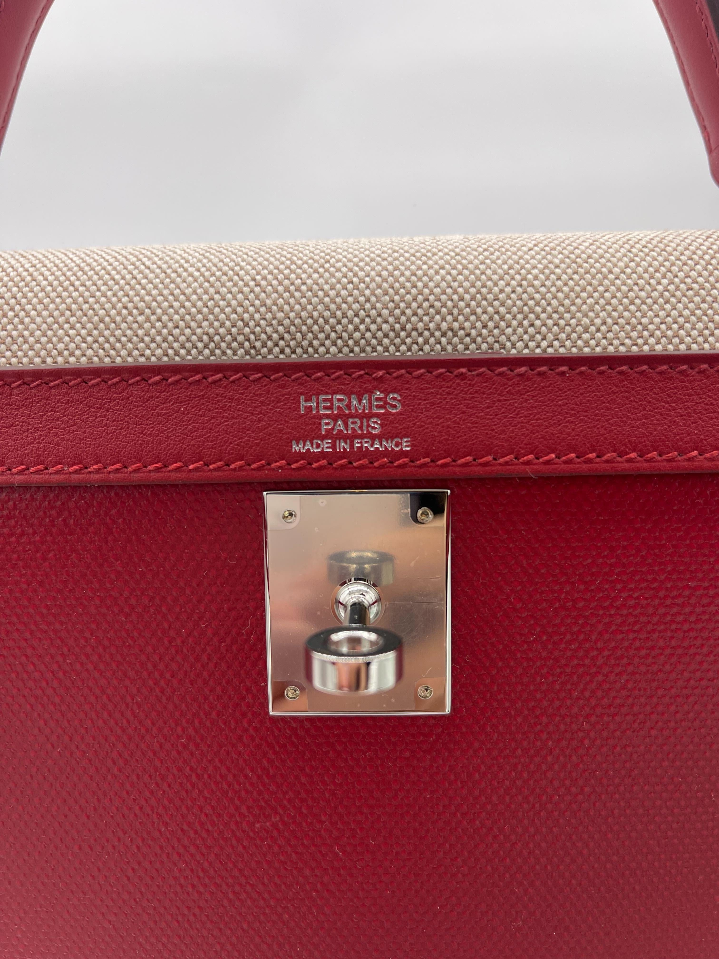 Hermes Kelly 32 Sellier Rouge Piment Swift and Toile Berline Palladium Hardware Wrist Aficionado