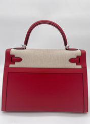 Hermes Kelly 32 Sellier Rouge Piment Swift and Toile Berline Palladium Hardware Wrist Aficionado