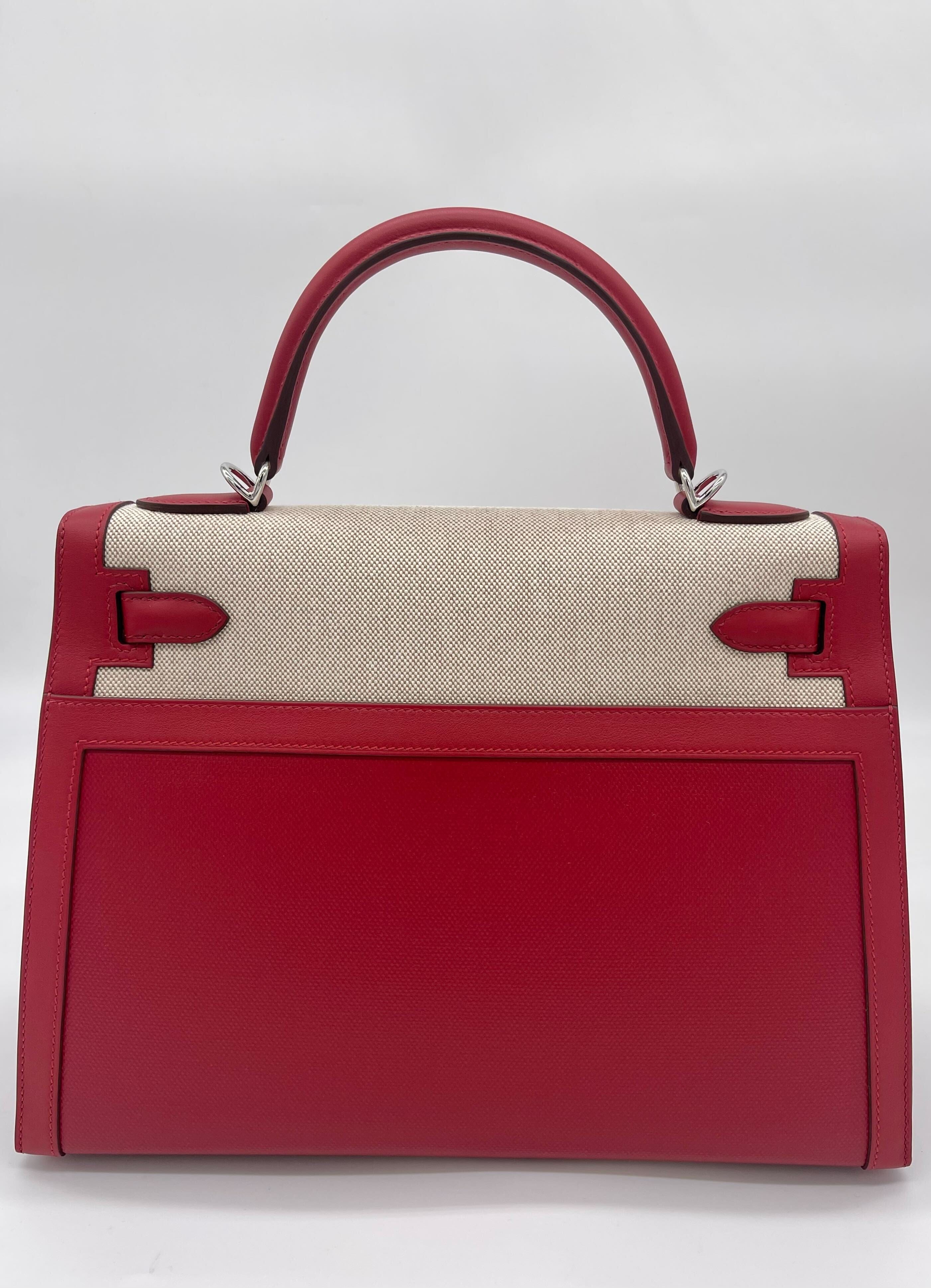 Hermes Kelly 32 Sellier Rouge Piment Swift and Toile Berline Palladium Hardware Wrist Aficionado