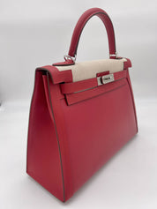 Hermes Kelly 32 Sellier Rouge Piment Swift and Toile Berline Palladium Hardware Wrist Aficionado