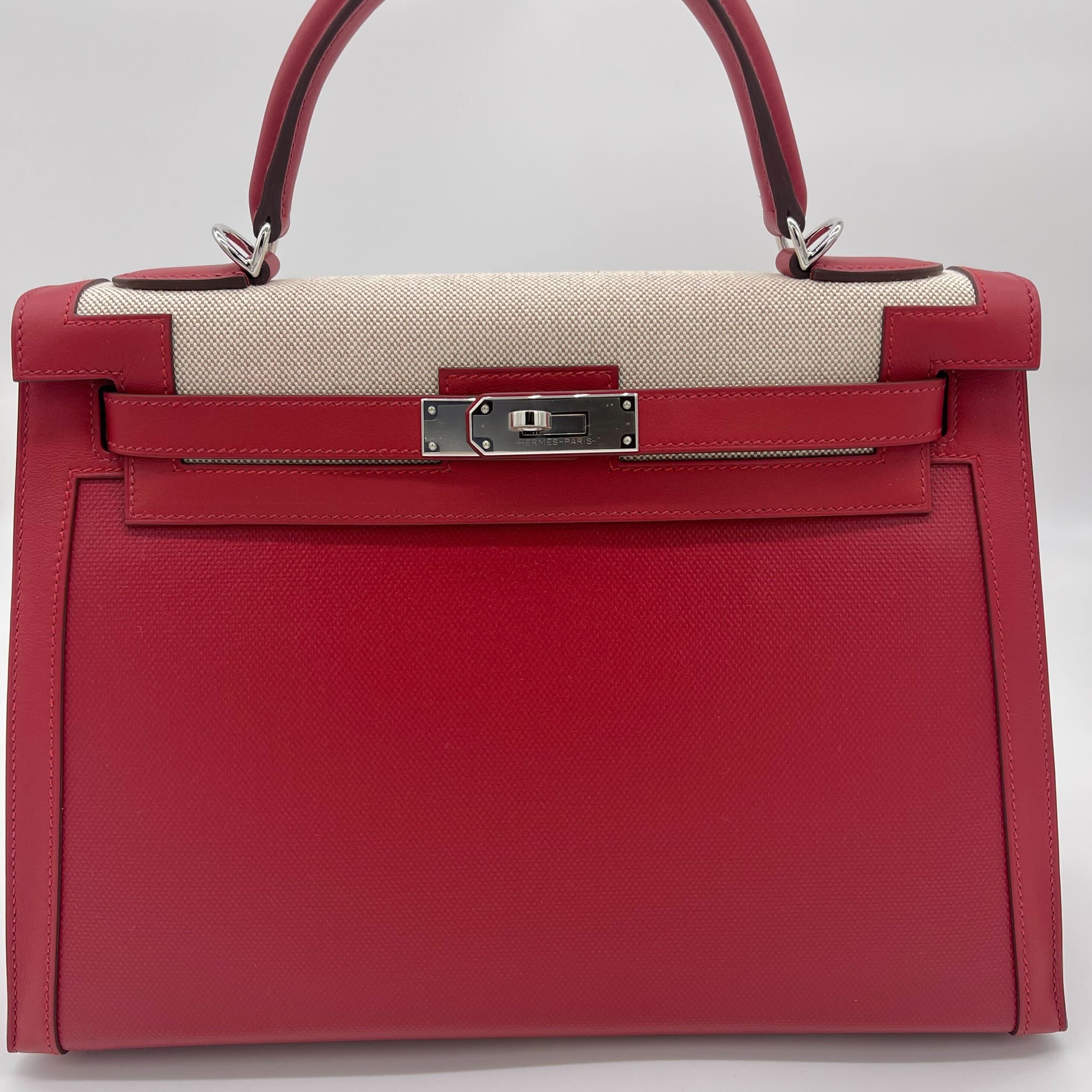 Hermes Kelly 32 Sellier Rouge Piment Swift and Toile Berline Palladium Hardware Wrist Aficionado