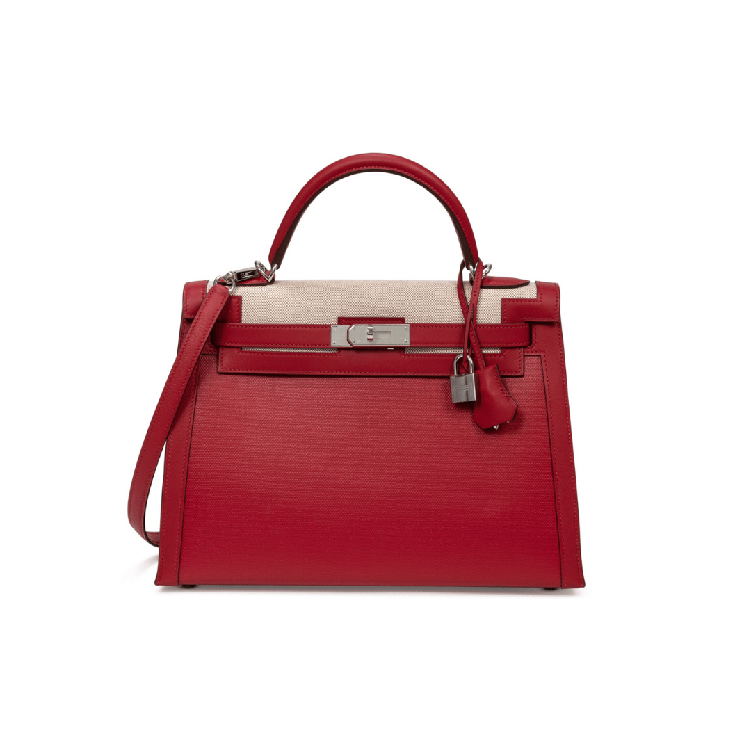 Hermes Kelly 32 Sellier Rouge Piment Swift and Toile Berline Palladium Hardware Wrist Aficionado