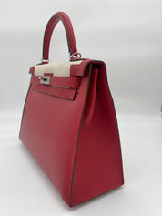 Hermes Kelly 32 Sellier Rouge Piment Swift and Toile Berline Palladium Hardware Wrist Aficionado