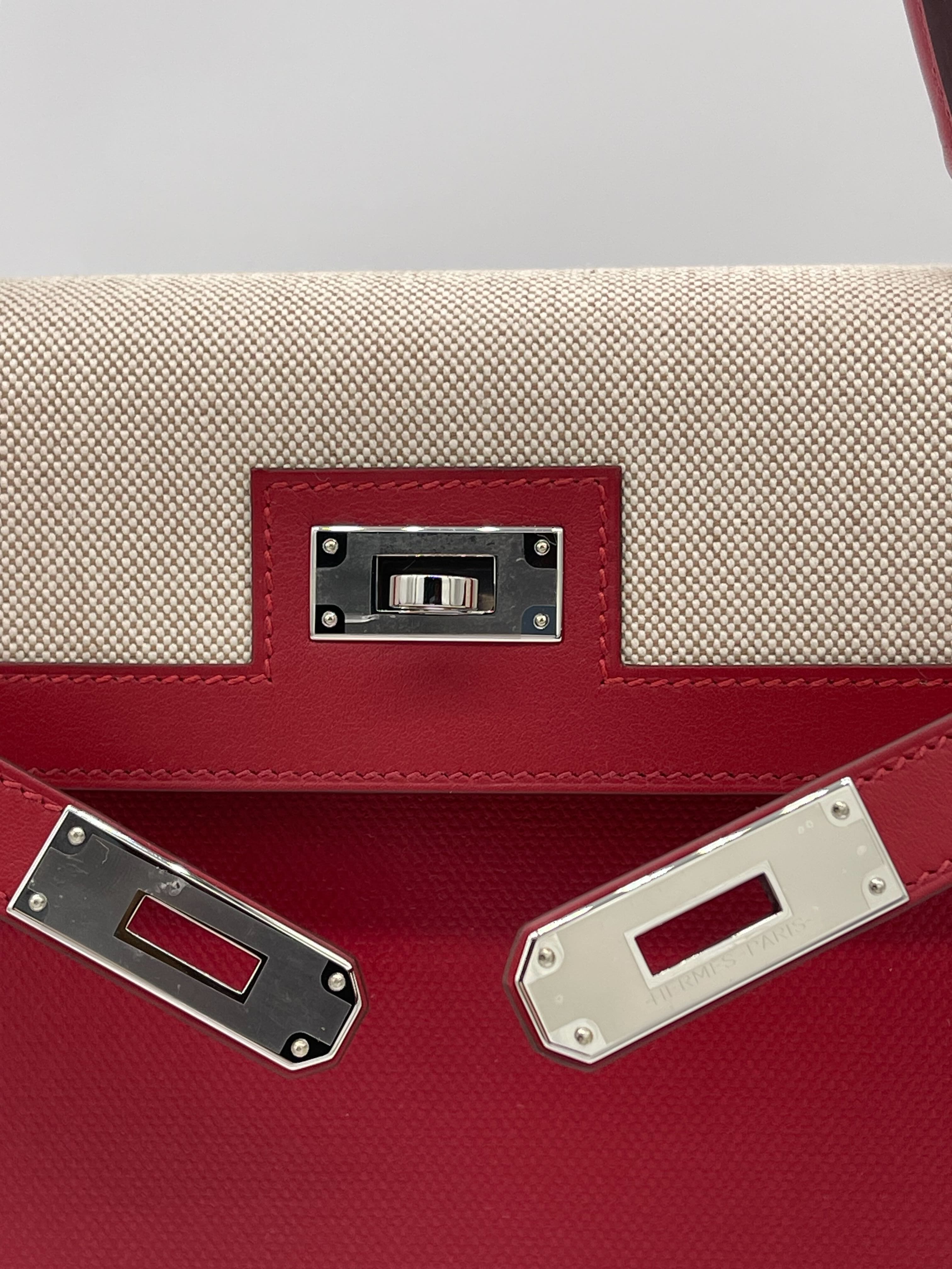 Hermes Kelly 32 Sellier Rouge Piment Swift and Toile Berline Palladium Hardware Wrist Aficionado