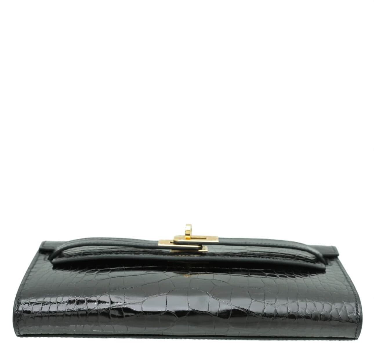 Hermes Kelly Cut Clutch Elan Crocodile Porosus Lisse Noir Gold Hardware