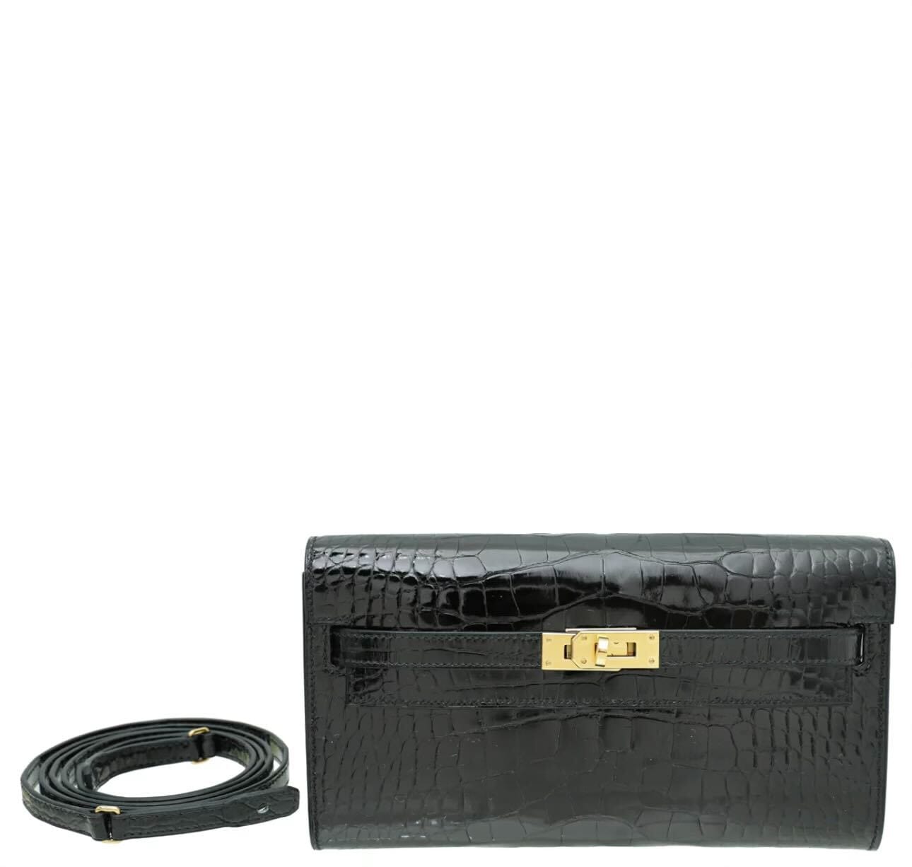 Hermes Kelly Cut Clutch Elan Crocodile Porosus Lisse Noir Gold Hardware