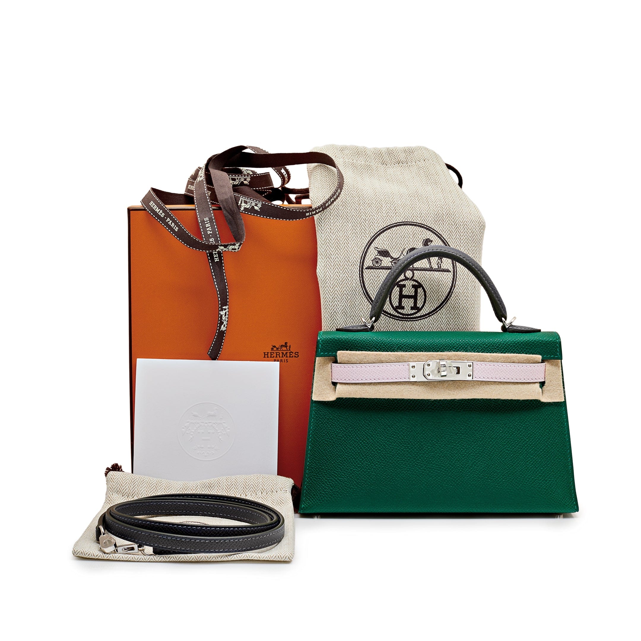 Hermès Kelly II Sellier Mini 20 Tricolore Epsom Vert Moyen/ Mauve Pale/Ardoise Palladium Hardware