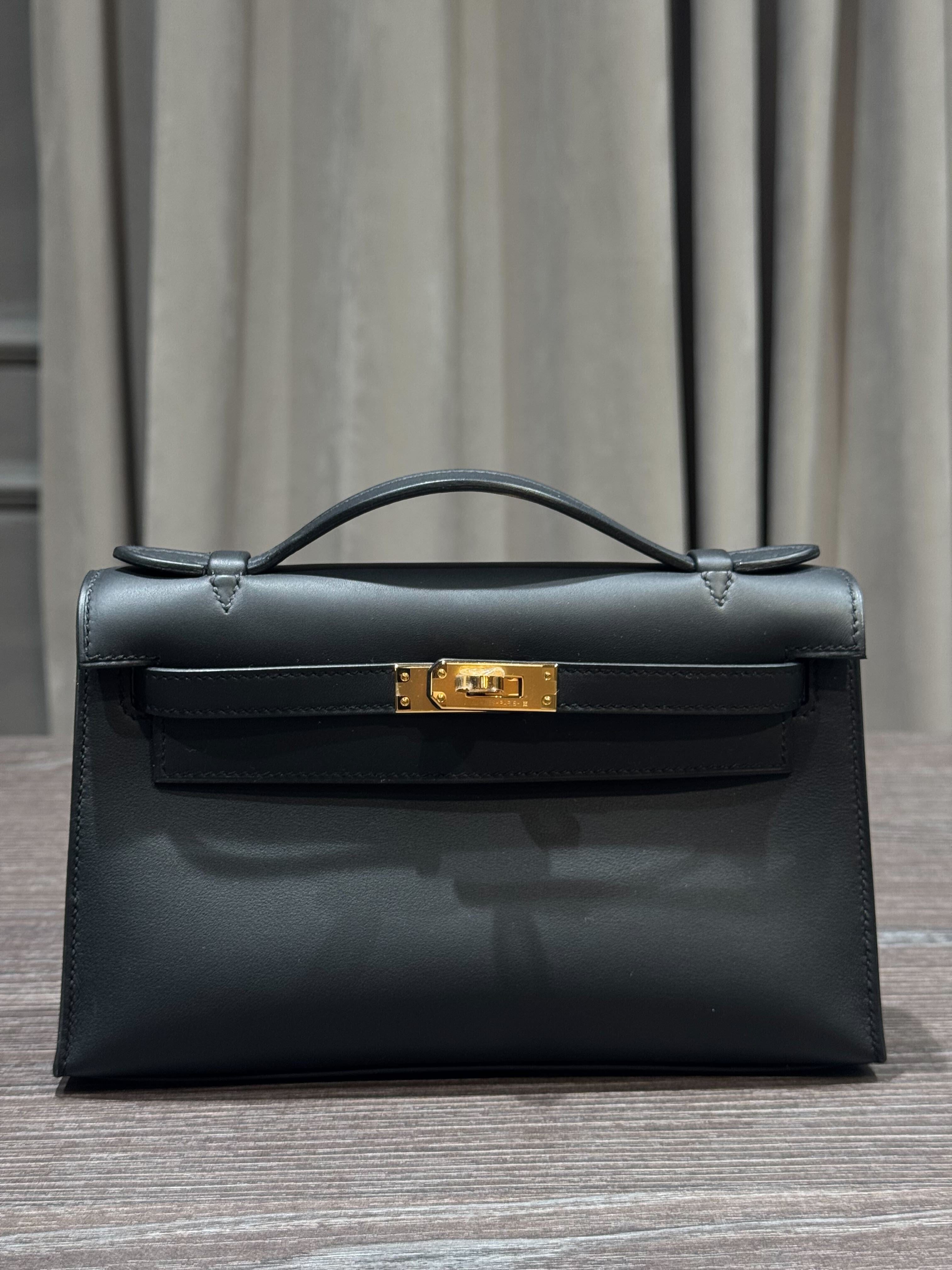 Hermès Kelly Mini Pochette Clutch Veau Swift 89 Noir Gold Hardware