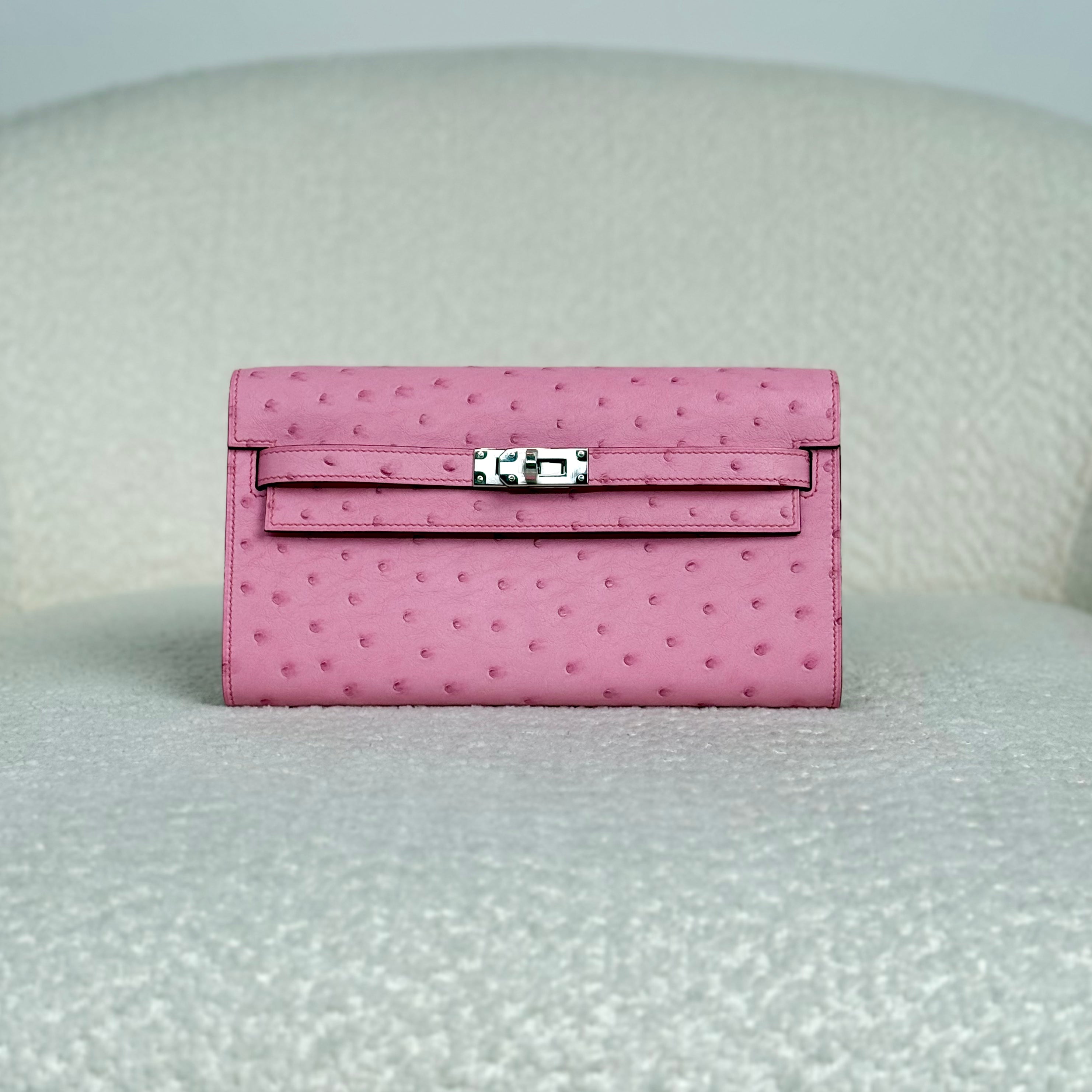 Hermès L4 Rose Bubblegum Kelly To Go Wallet Ostrich Palladium Hardware