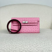 Hermès L4 Rose Bubblegum Kelly To Go Wallet Ostrich Palladium Hardware