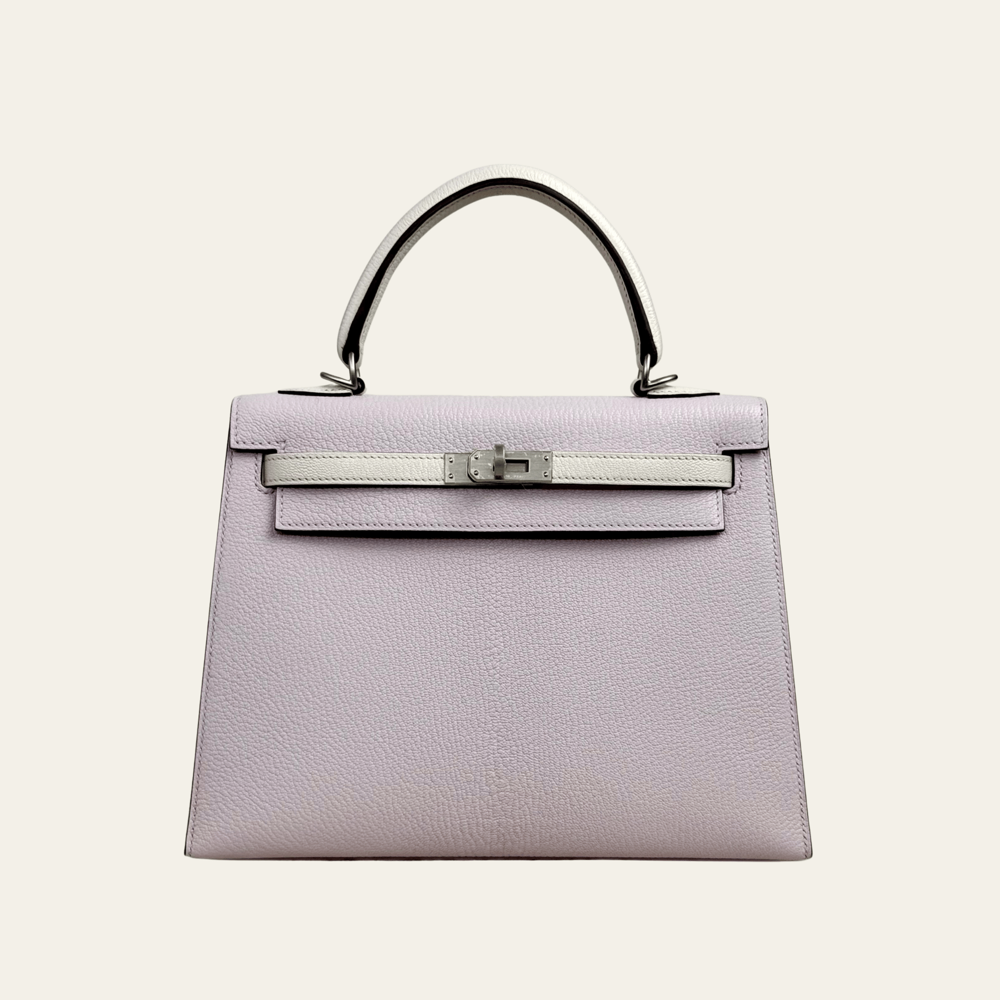 Hermès Mauve Pale and Nata Kelly Sellier 25 Chèvre Mysore Brushed Palladium Hardware HSS