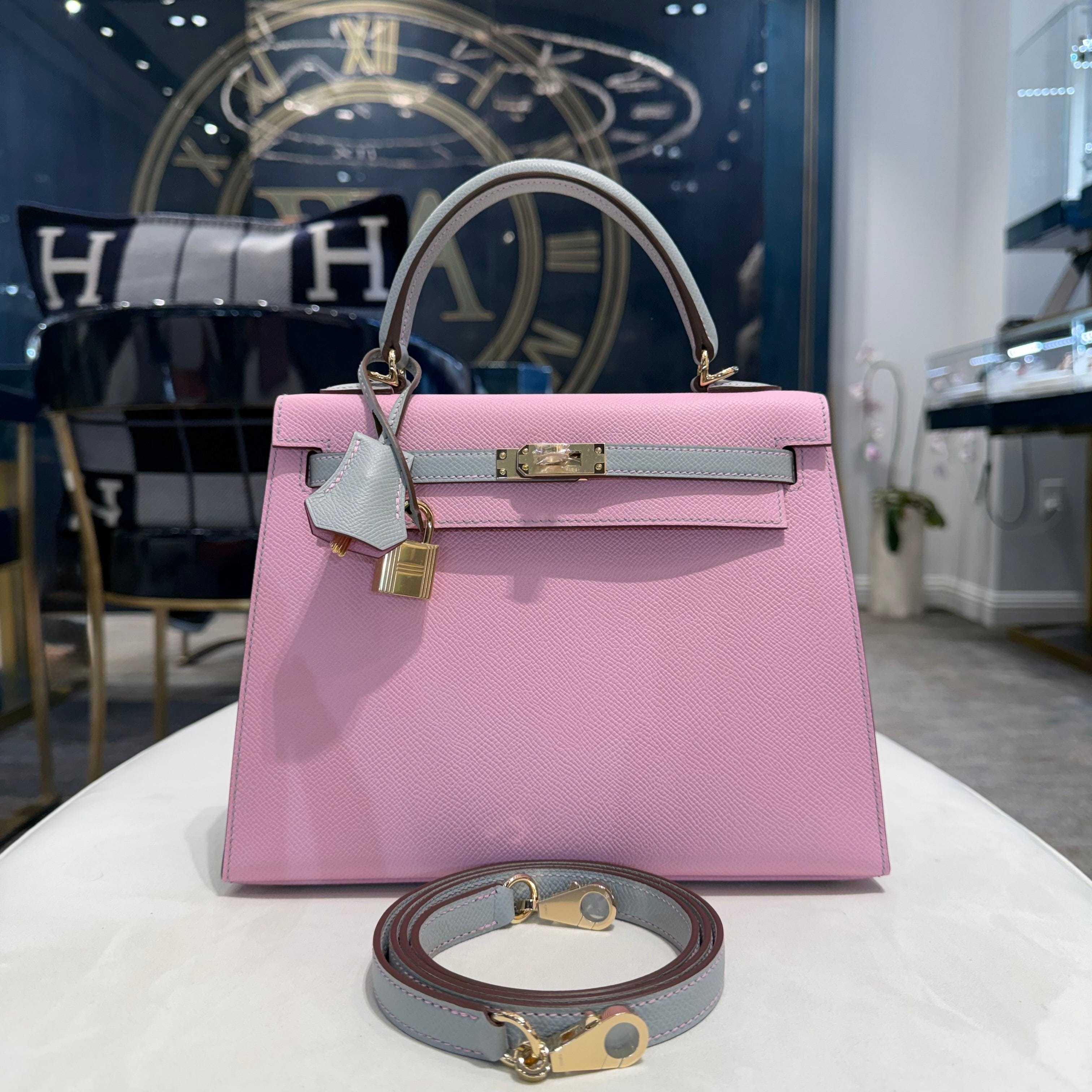 Hermès Mauve Sylvestre / Gris Pantin Kelly Sellier 25 Epsom Permabrass Hardware HSS