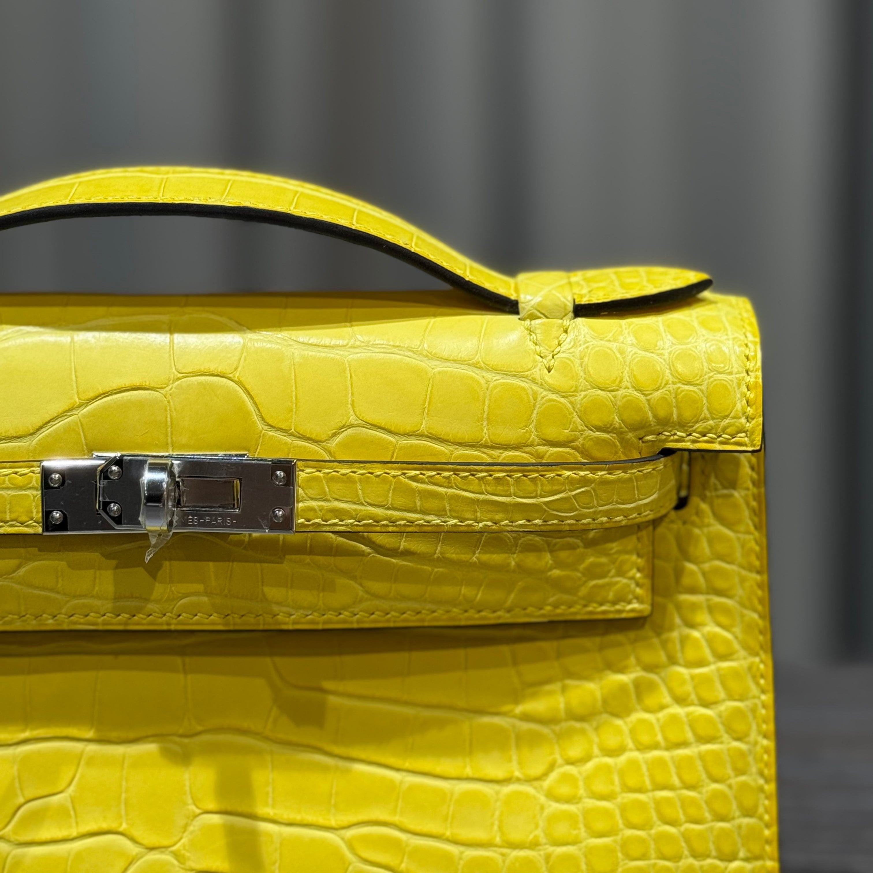 Hermès Mimosa Kelly Pochette Clutch Alligator Palladium Hardware