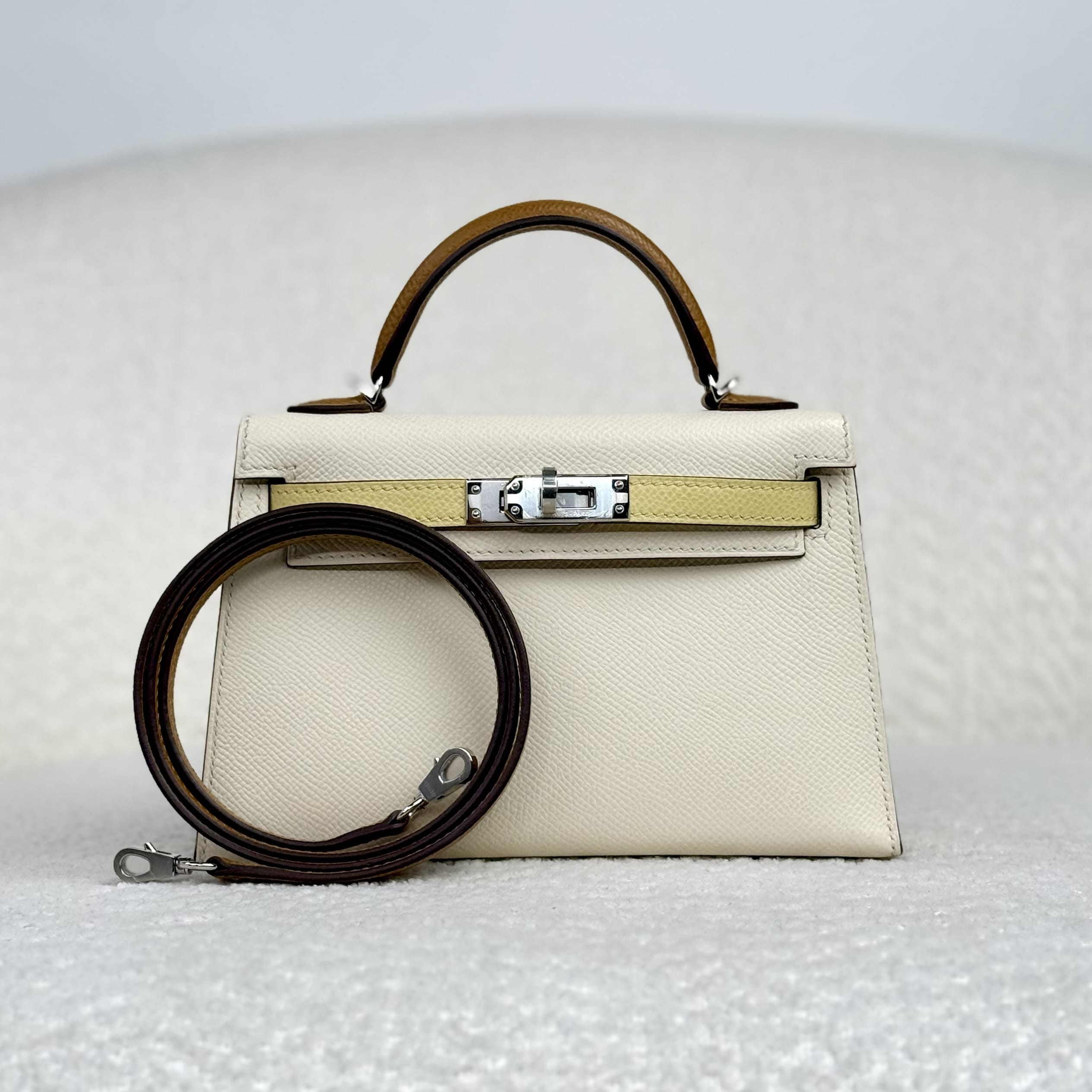 Hermès Nata/Jaune Poussain/Sesame  Mini Kelly Sellier 20 Epsom Palladium Hardware