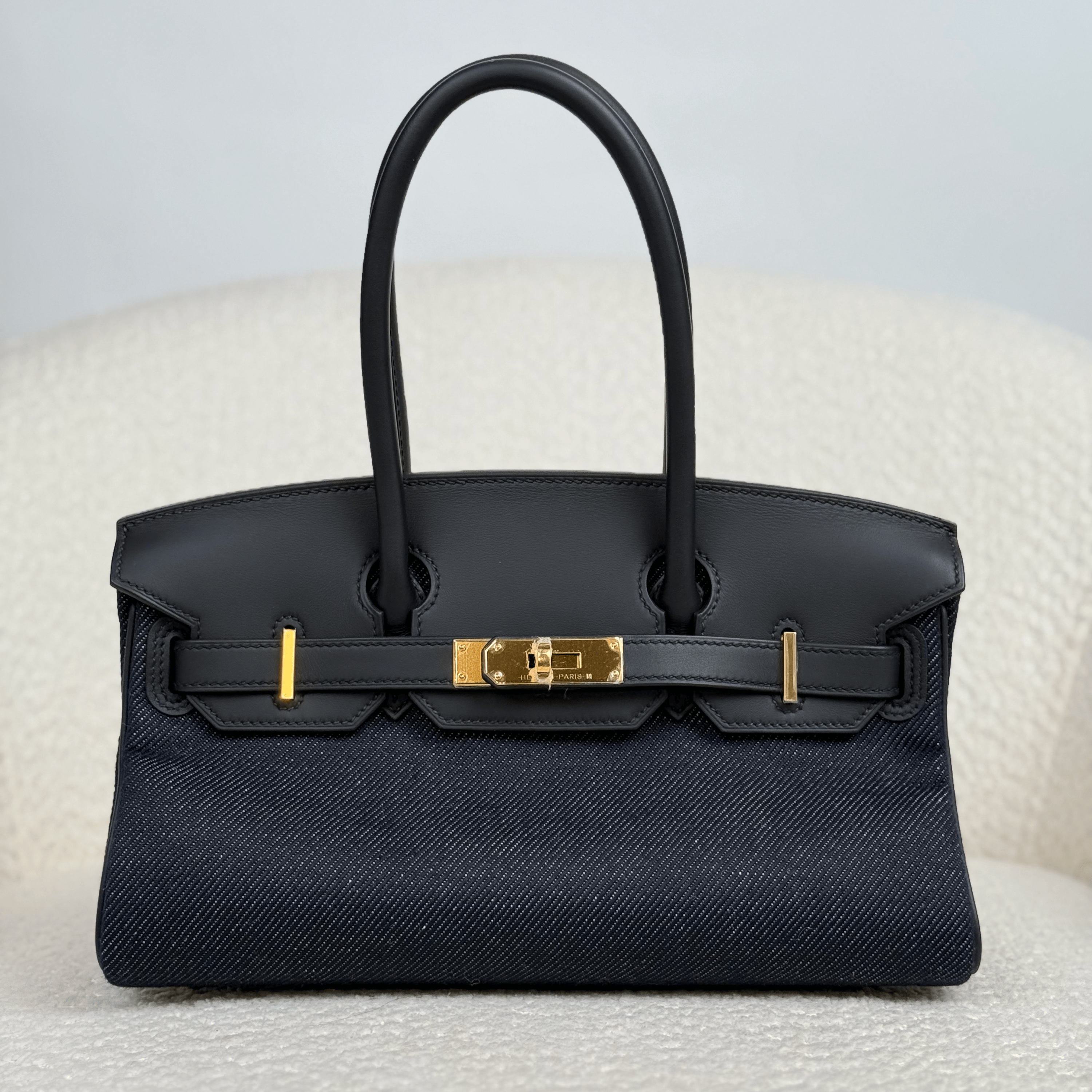 Hermès Noir and Bleu Indigo Shoulder Birkin Light 29 Swift and Denim Toile Jean Gold Hardware