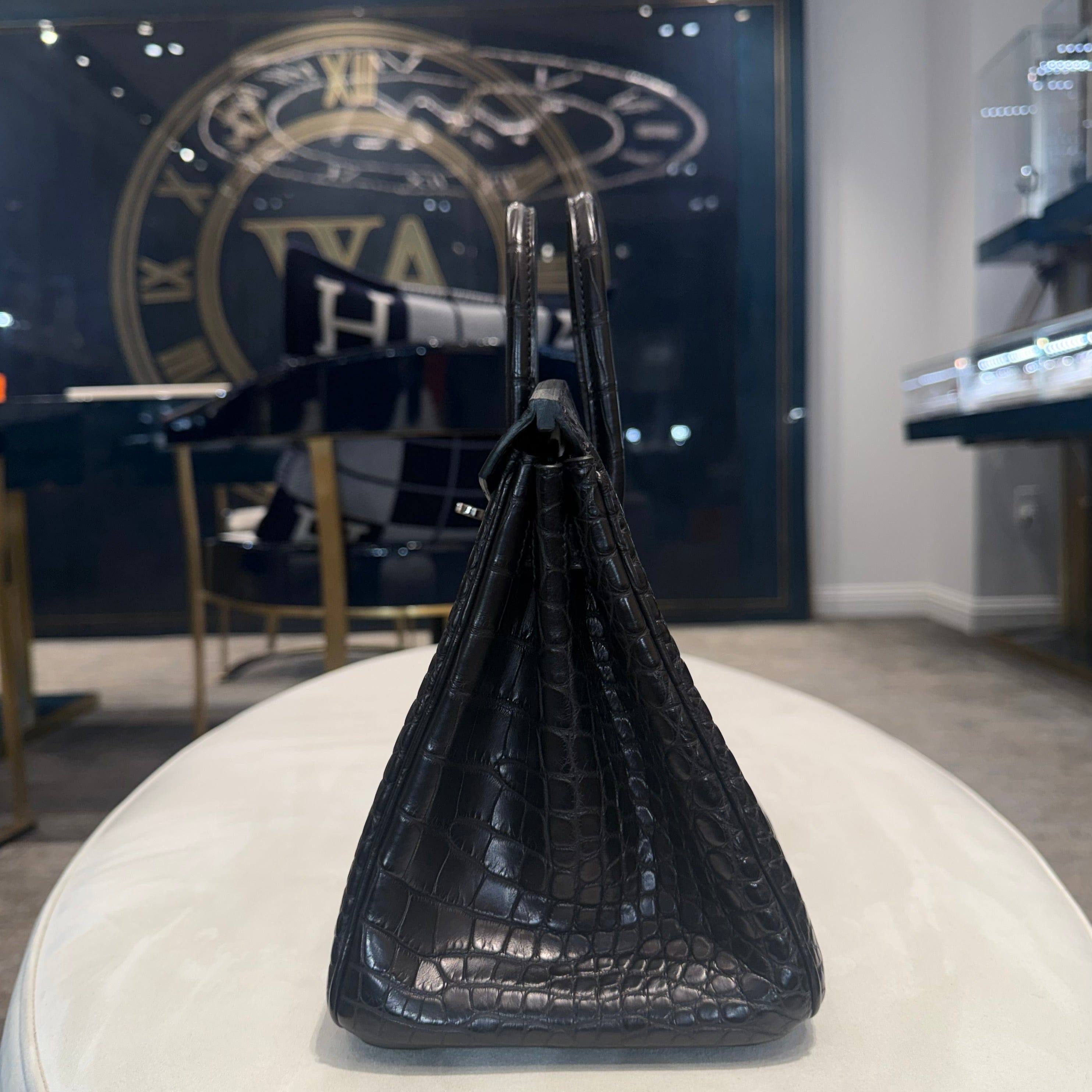 Hermès Noir Birkin 25 Matte Alligator Palladium Hardware