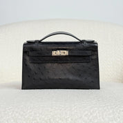 Hermès Noir Kelly Pochette Ostrich Palladium Hardware