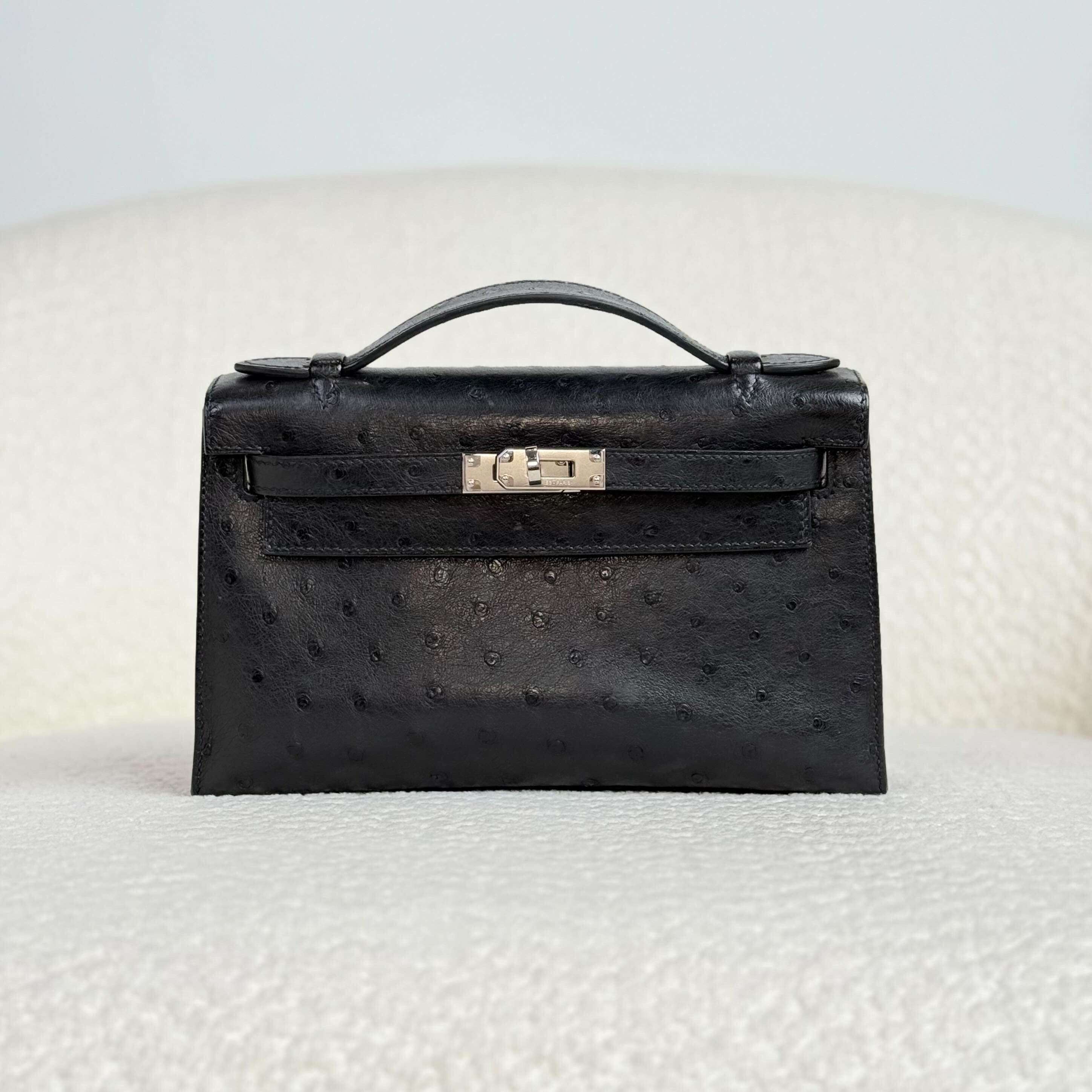Hermès Noir Kelly Pochette Ostrich Palladium Hardware