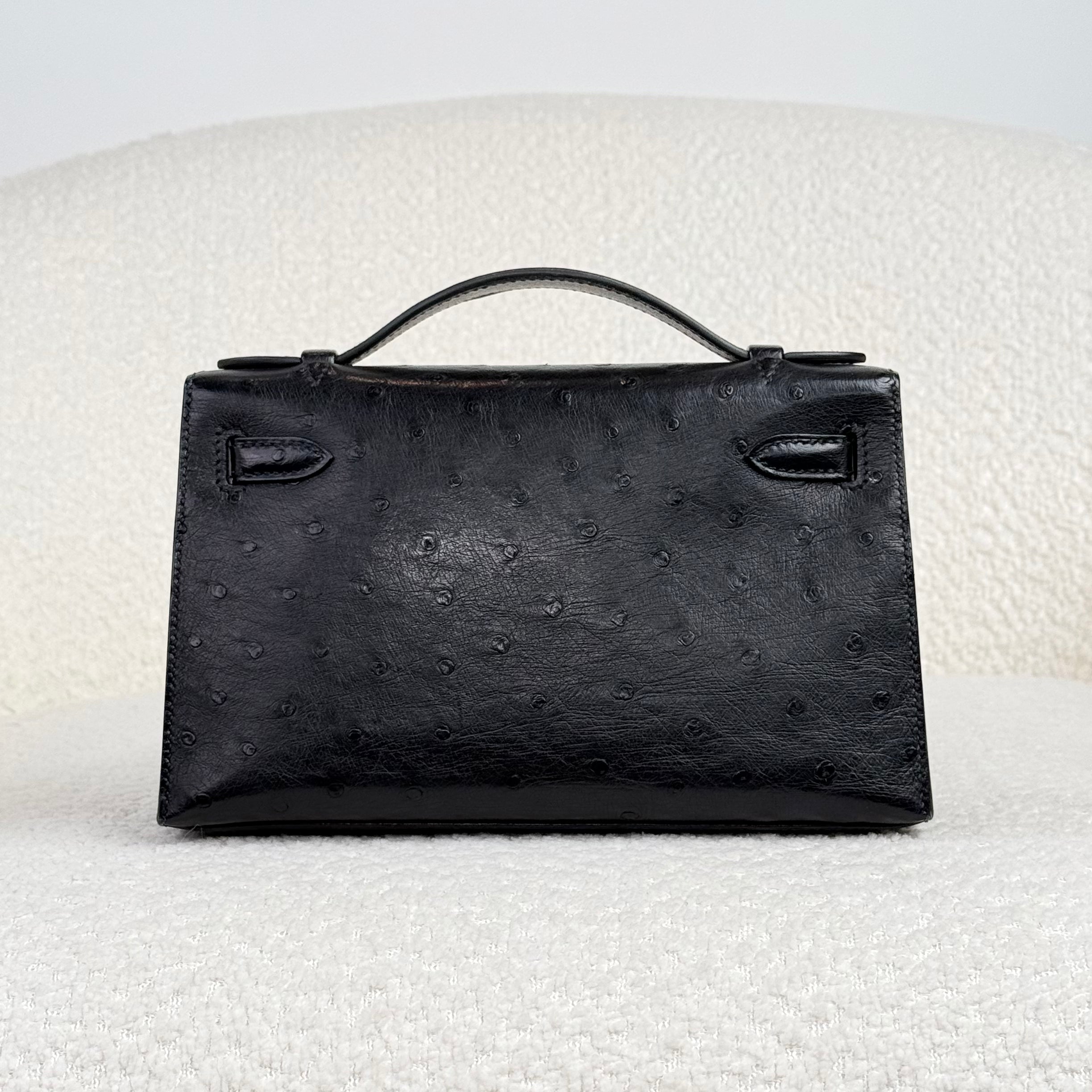 Hermès Noir Kelly Pochette Ostrich Palladium Hardware