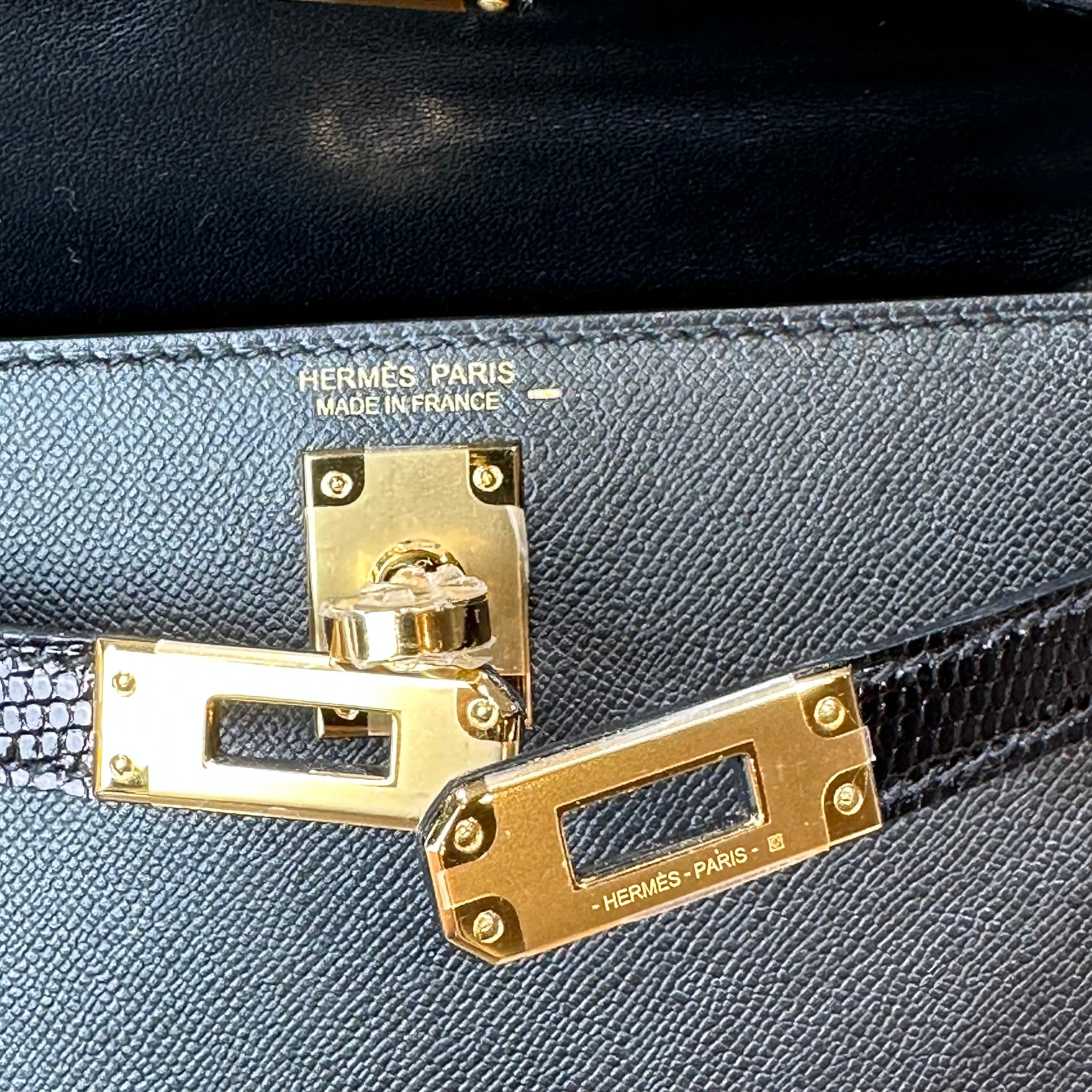 Hermès Noir Mini Kelly 20 Sellier Touch Veau Madame Lezard Gold Hardware