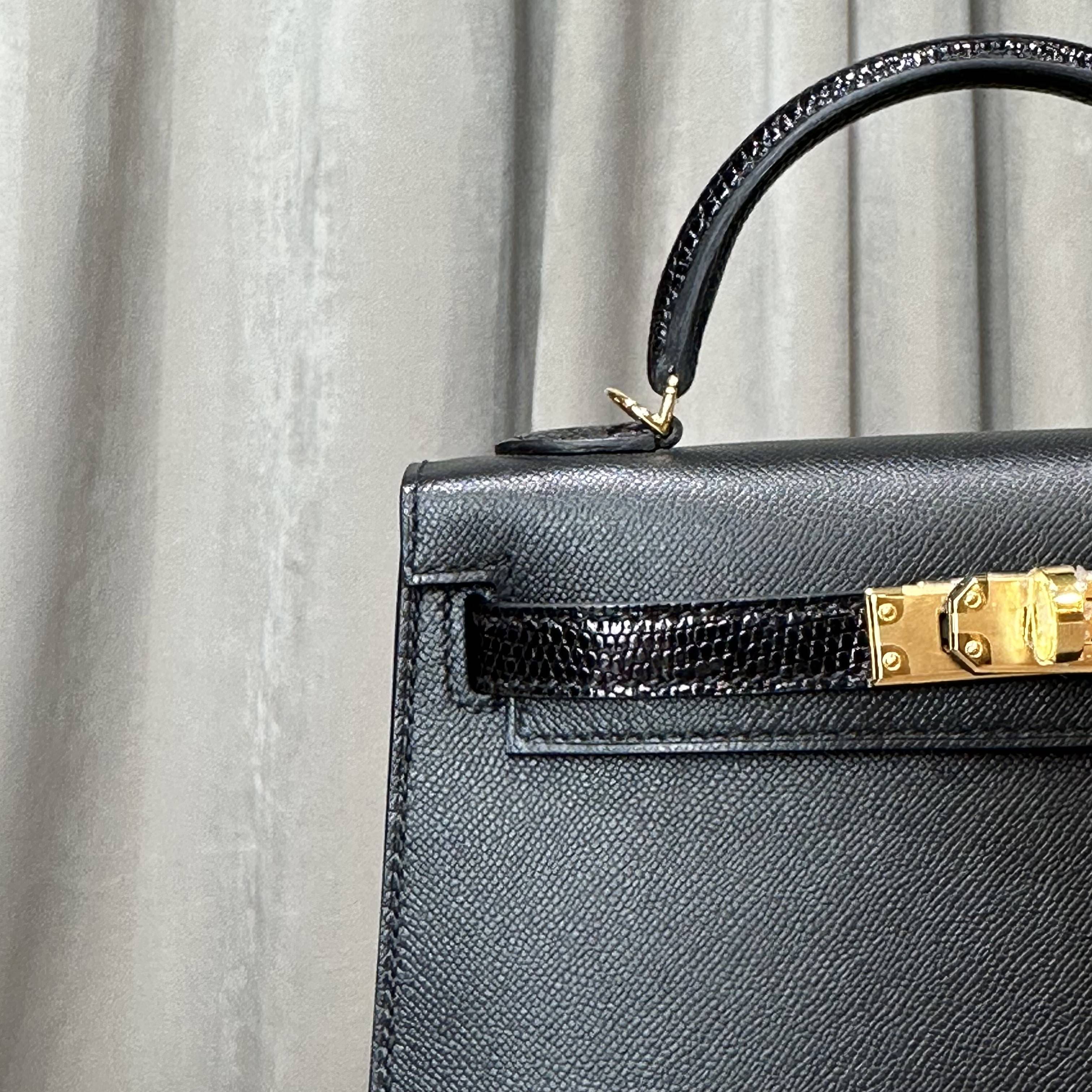 Hermès Noir Mini Kelly 20 Sellier Touch Veau Madame Lezard Gold Hardware