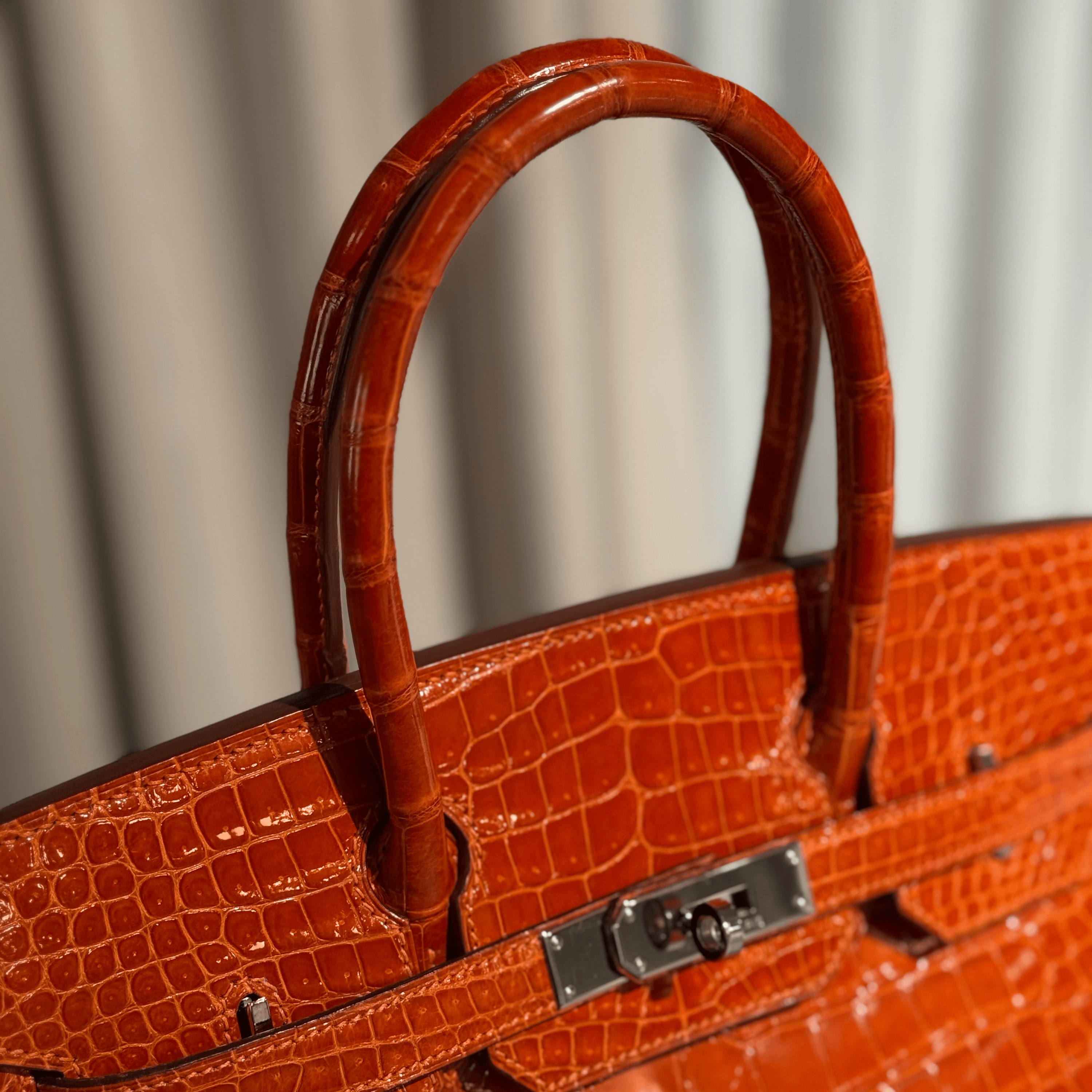 Hermès Orange Birkin 30 Shiny Porosus Crocodile Palladium Hardware