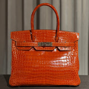 Hermès Orange Birkin 30 Shiny Porosus Crocodile Palladium Hardware