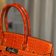 Hermès Orange Birkin 30 Shiny Porosus Crocodile Palladium Hardware