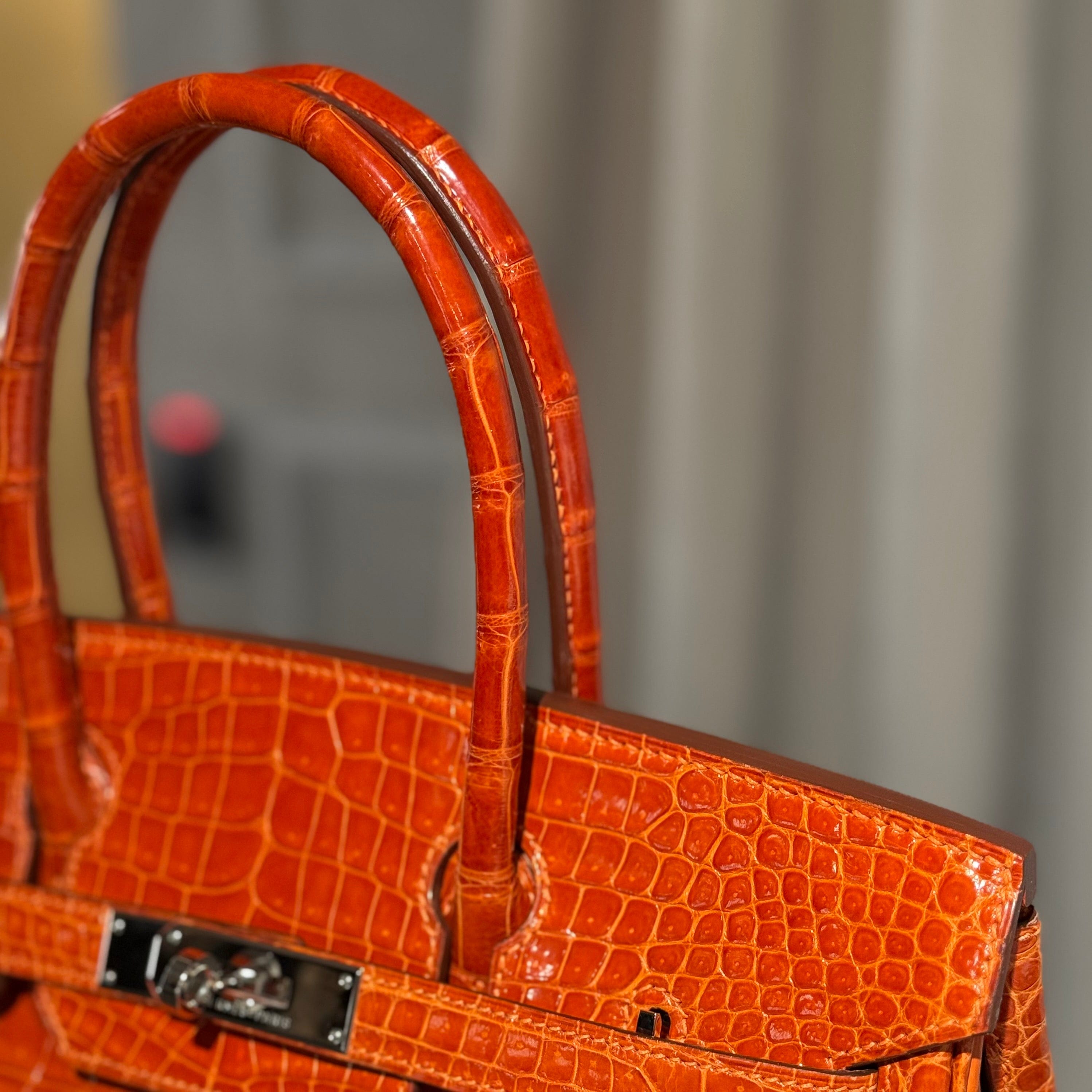 Hermès Orange Birkin 30 Shiny Porosus Crocodile Palladium Hardware