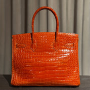 Hermès Orange Birkin 30 Shiny Porosus Crocodile Palladium Hardware
