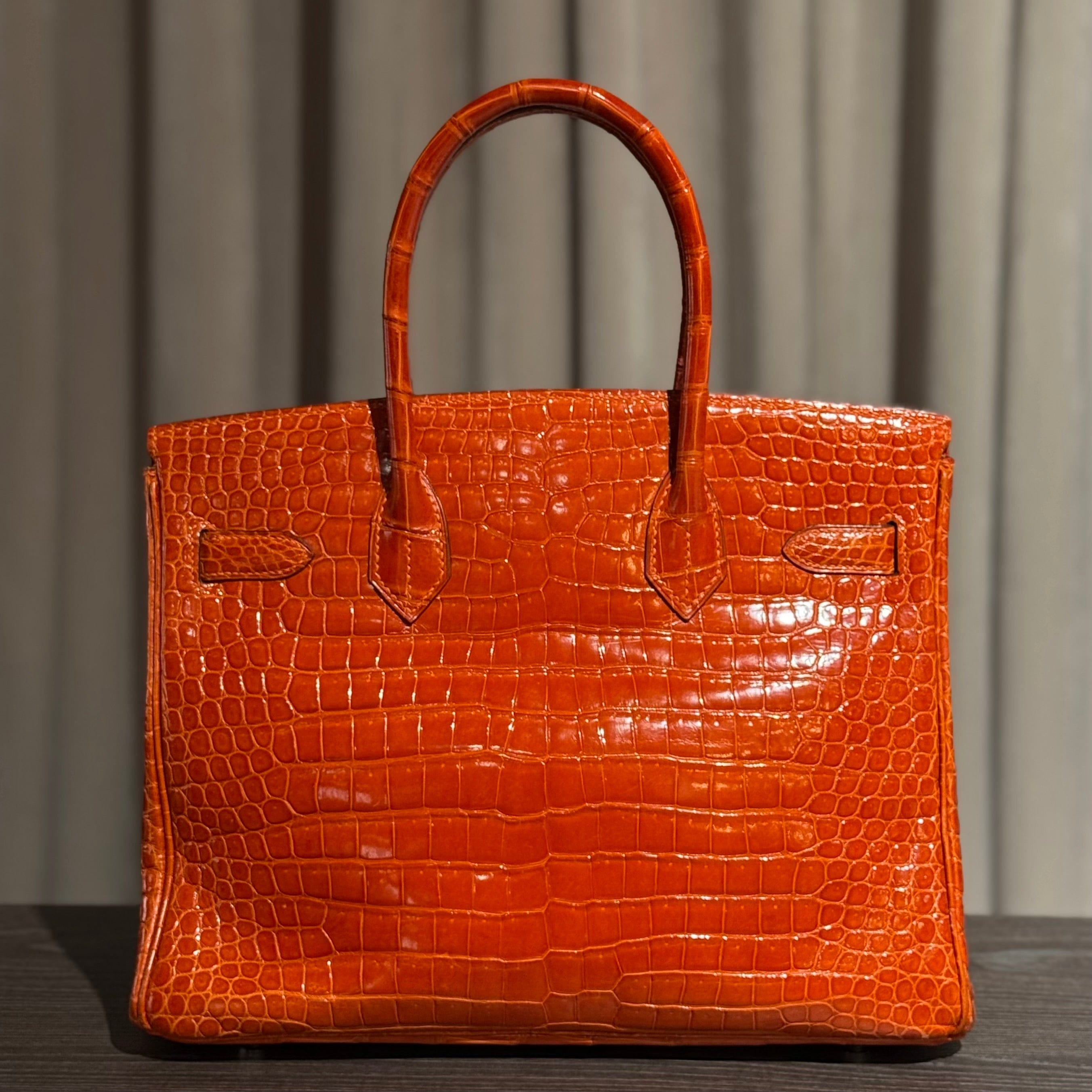 Hermès Orange Birkin 30 Shiny Porosus Crocodile Palladium Hardware