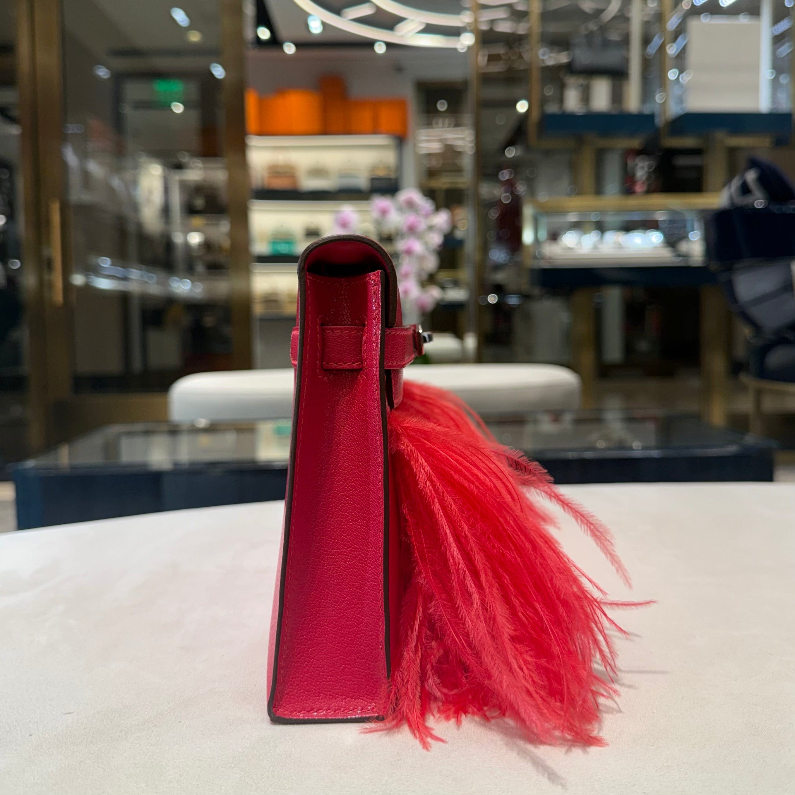 Hermès Rose Extreme Kelly Elan Folie Chamkila Ostrich Feathers Palladium Hardware