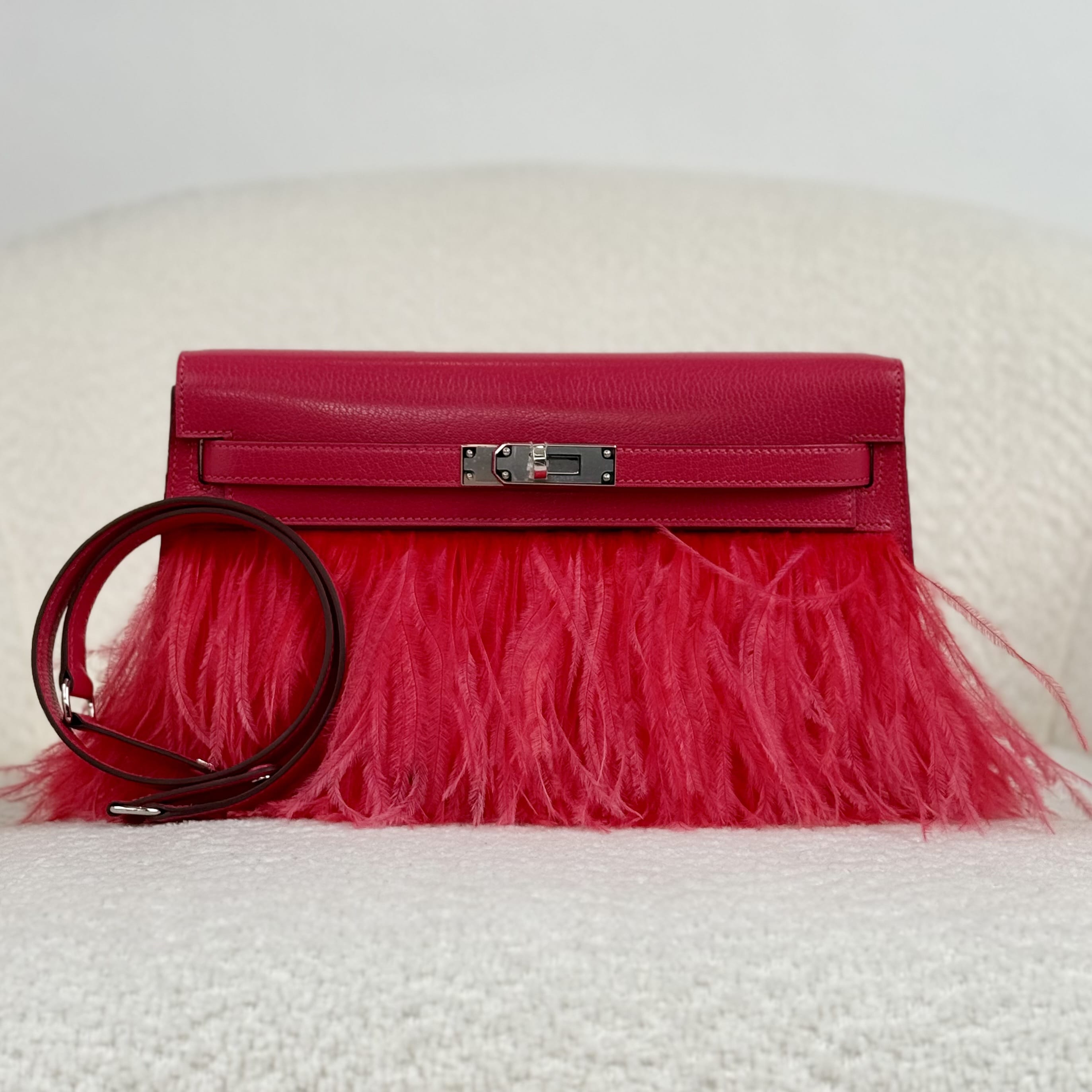 Hermès Rose Extreme Kelly Elan Folie Chamkila Ostrich Feathers Palladium Hardware