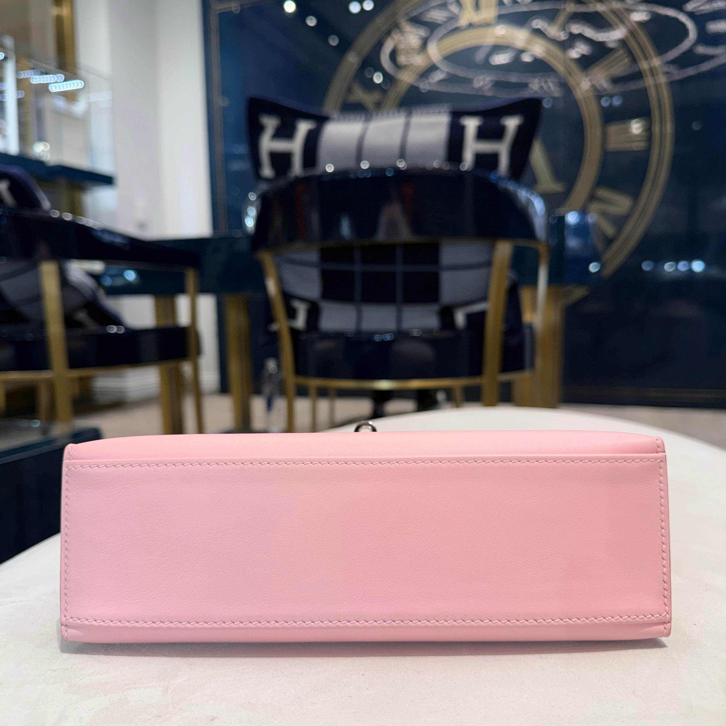 Hermès Rose Sakura Kelly Pochette Swift Palladium Hardware