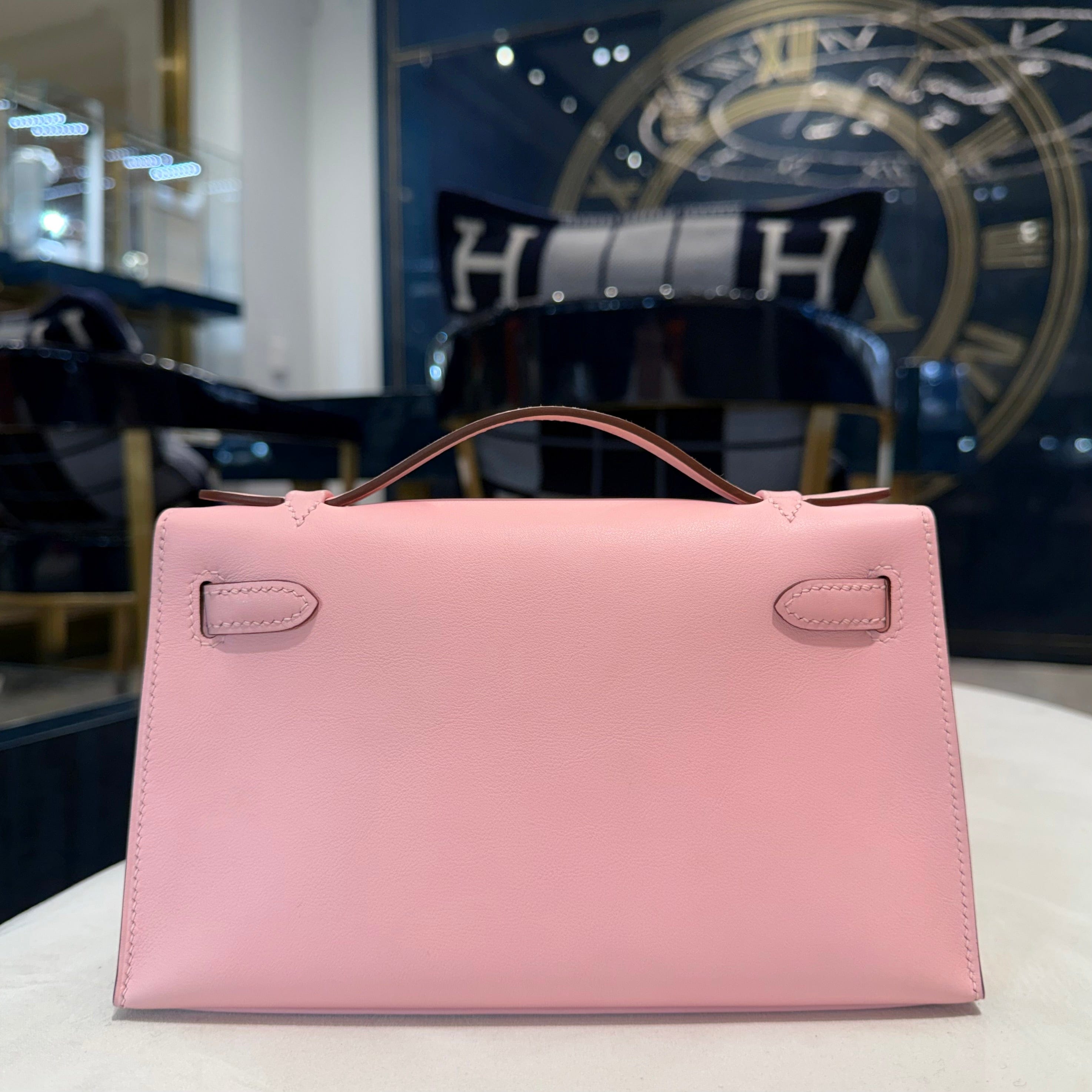 Hermès Rose Sakura Kelly Pochette Swift Palladium Hardware