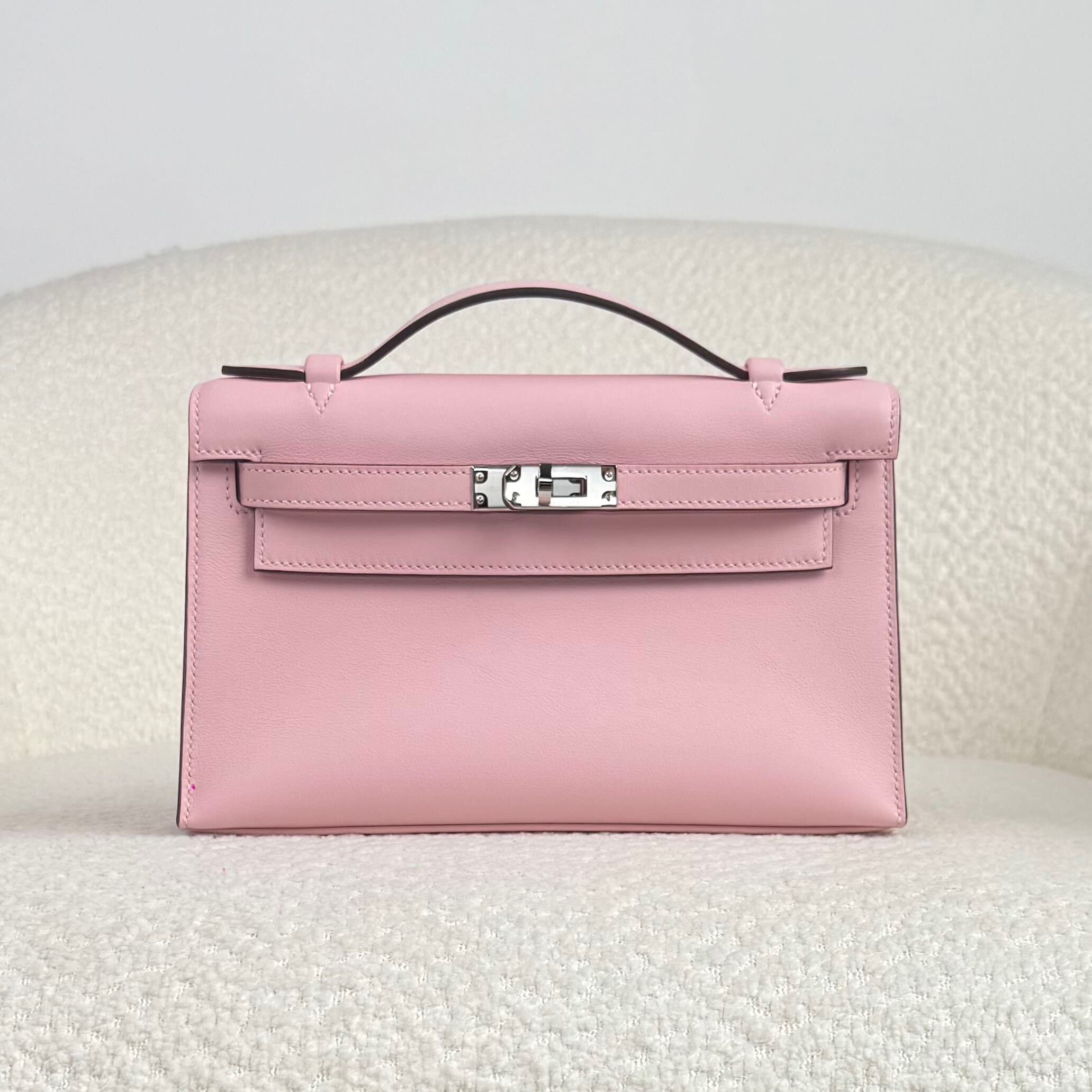 Hermès Rose Sakura Kelly Pochette Swift Palladium Hardware