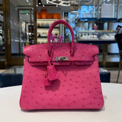 Hermès Rose Tyrien Birkin 25 Ostrich Palladium Hardware