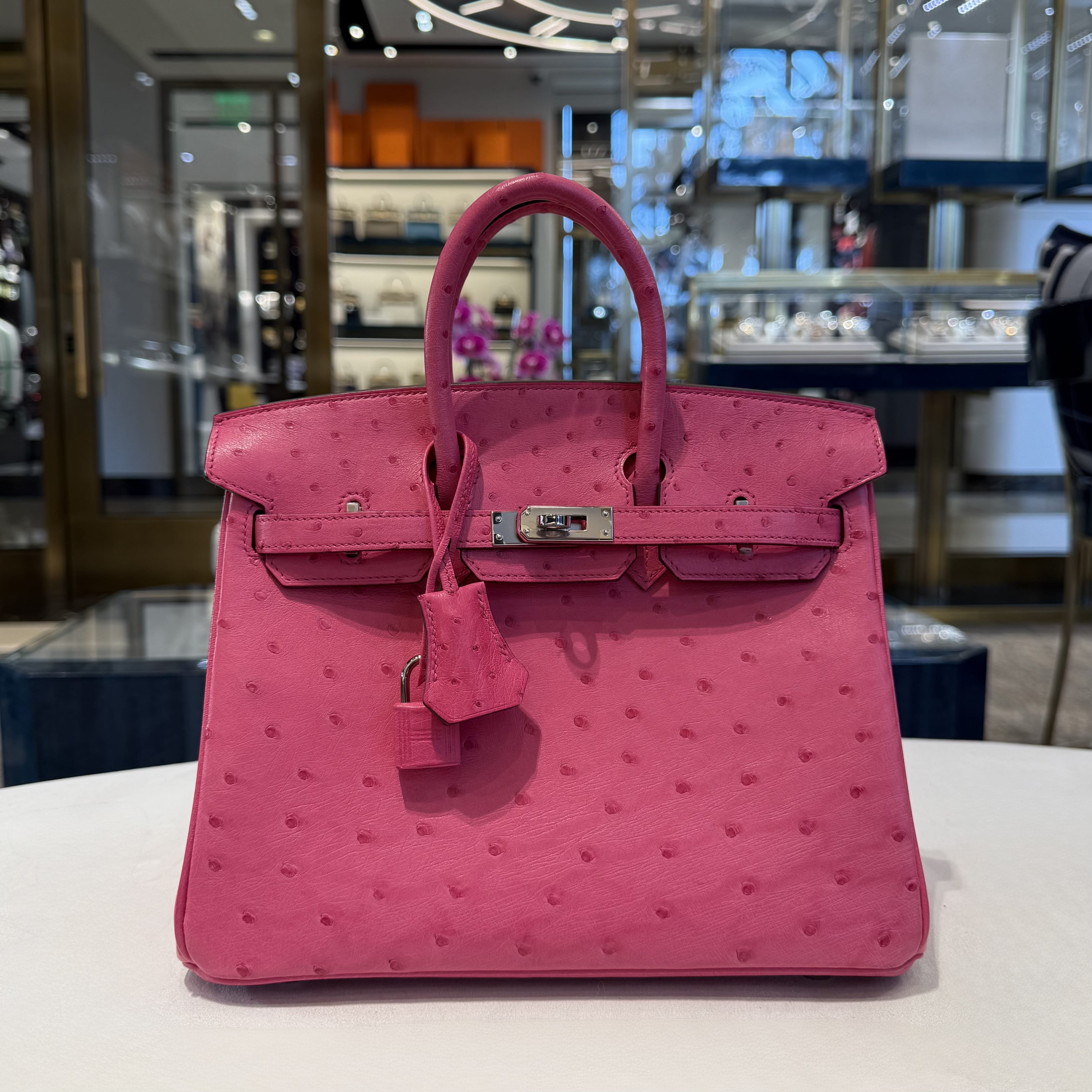 Hermès Rose Tyrien Birkin 25 Ostrich Palladium Hardware