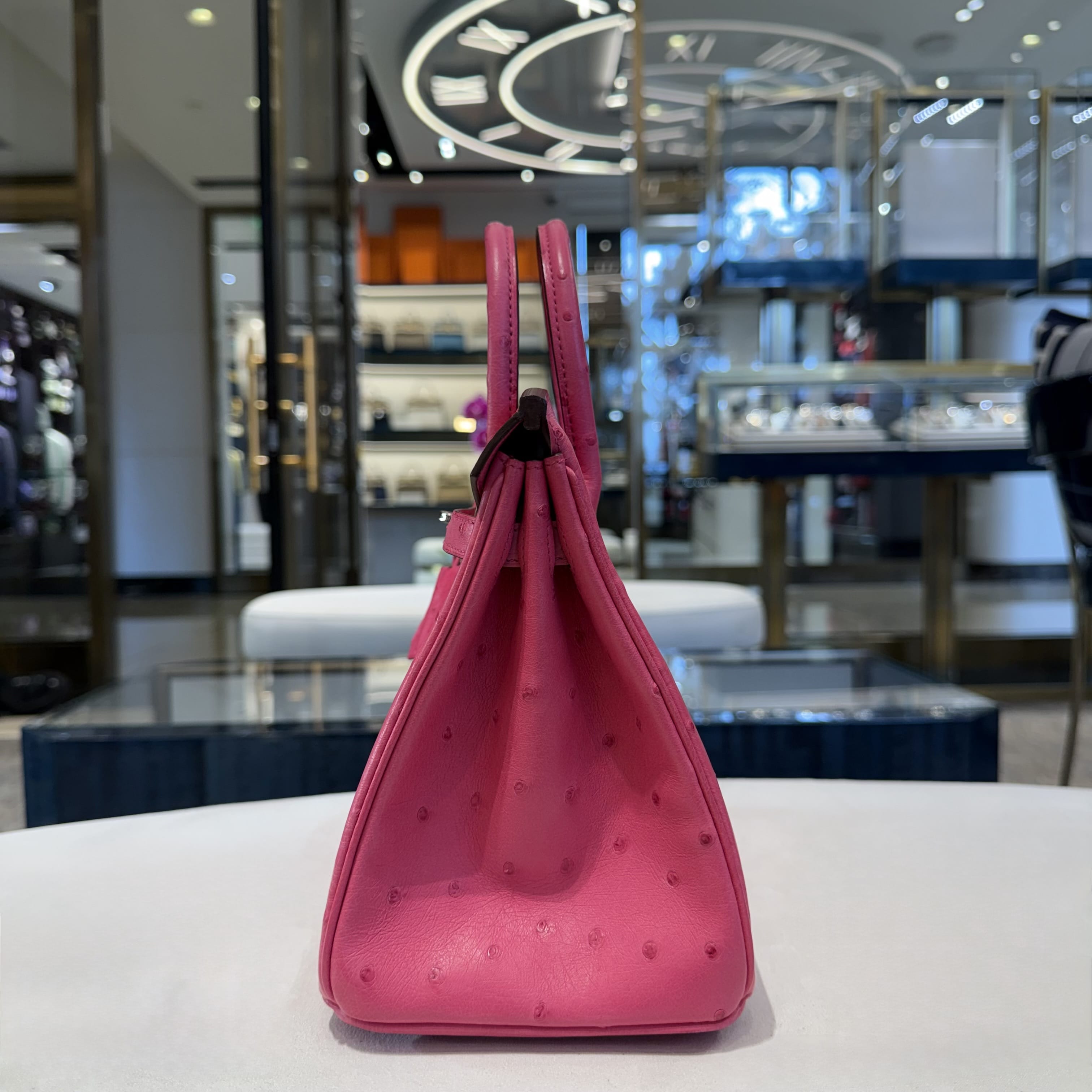 Hermès Rose Tyrien Birkin 25 Ostrich Palladium Hardware