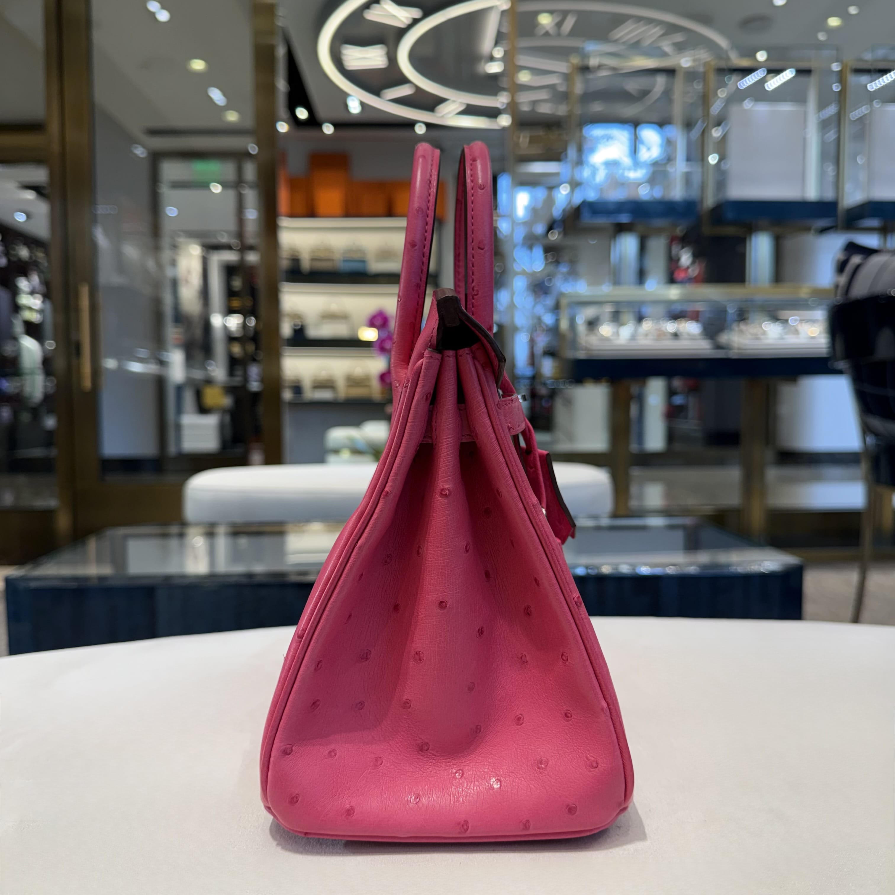 Hermès Rose Tyrien Birkin 25 Ostrich Palladium Hardware