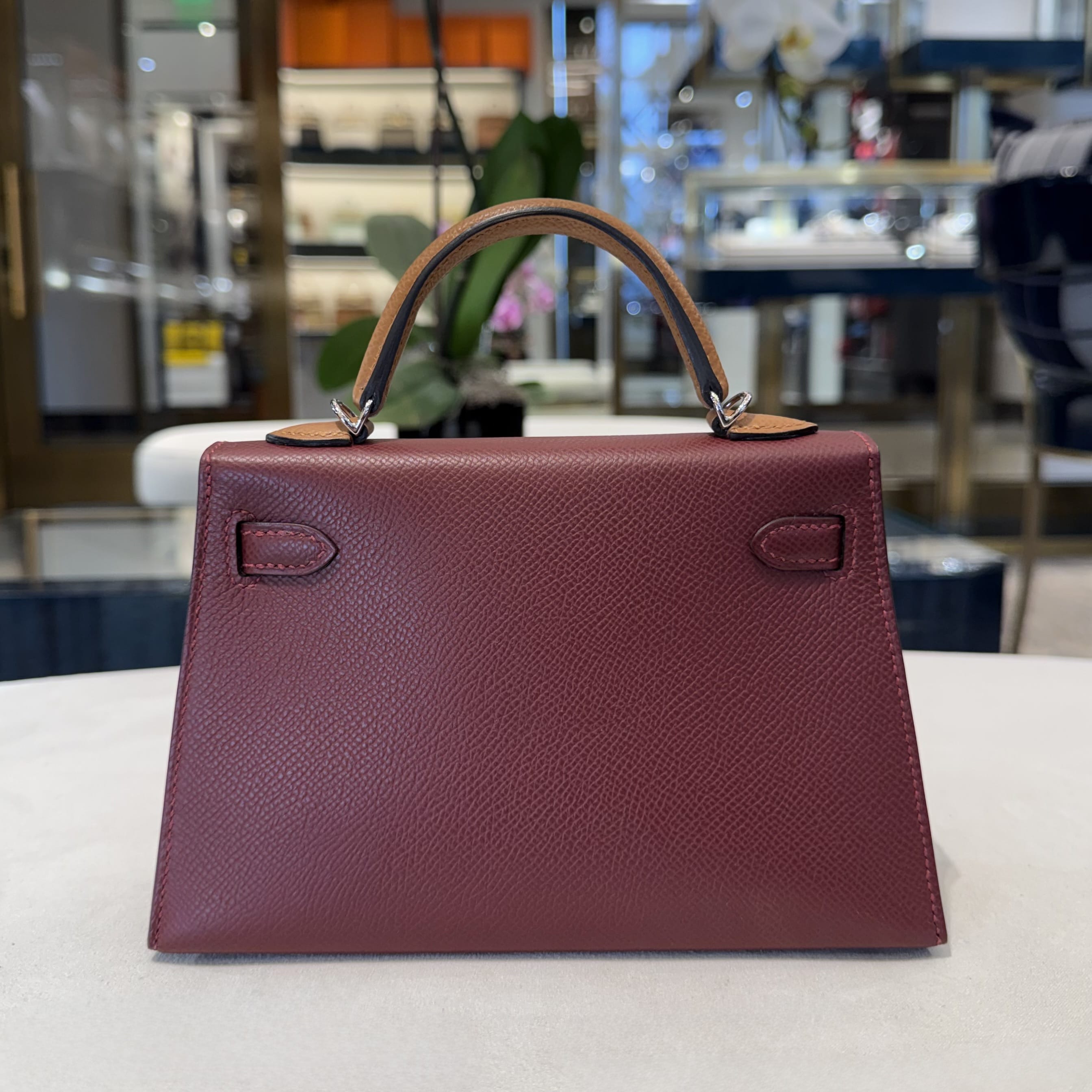 Hermès Rouge H/Gold/Bai Brun Mini Kelly Sellier 20 Epsom Palladium Hardware