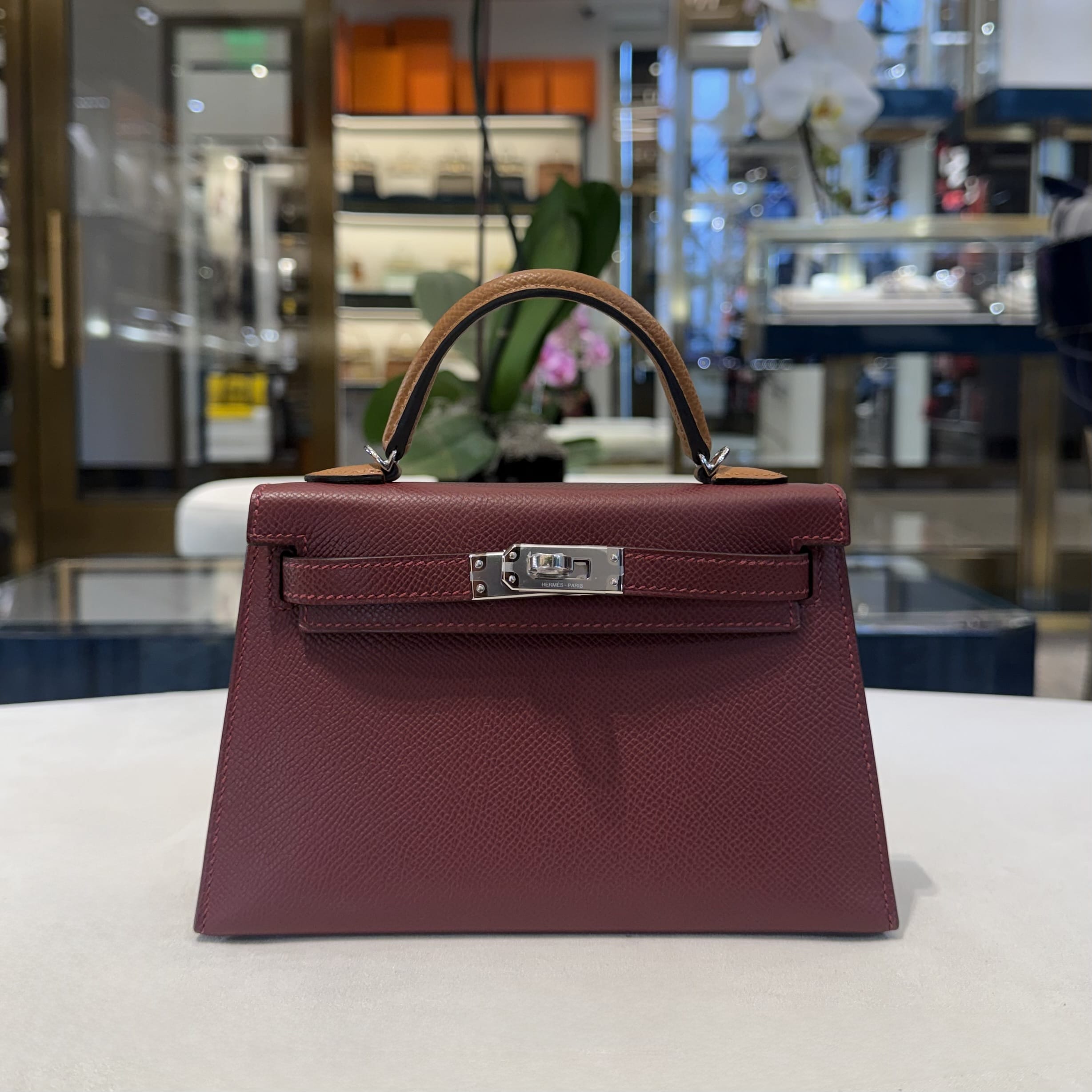 Hermès Rouge H/Gold/Bai Brun Mini Kelly Sellier 20 Epsom Palladium Hardware