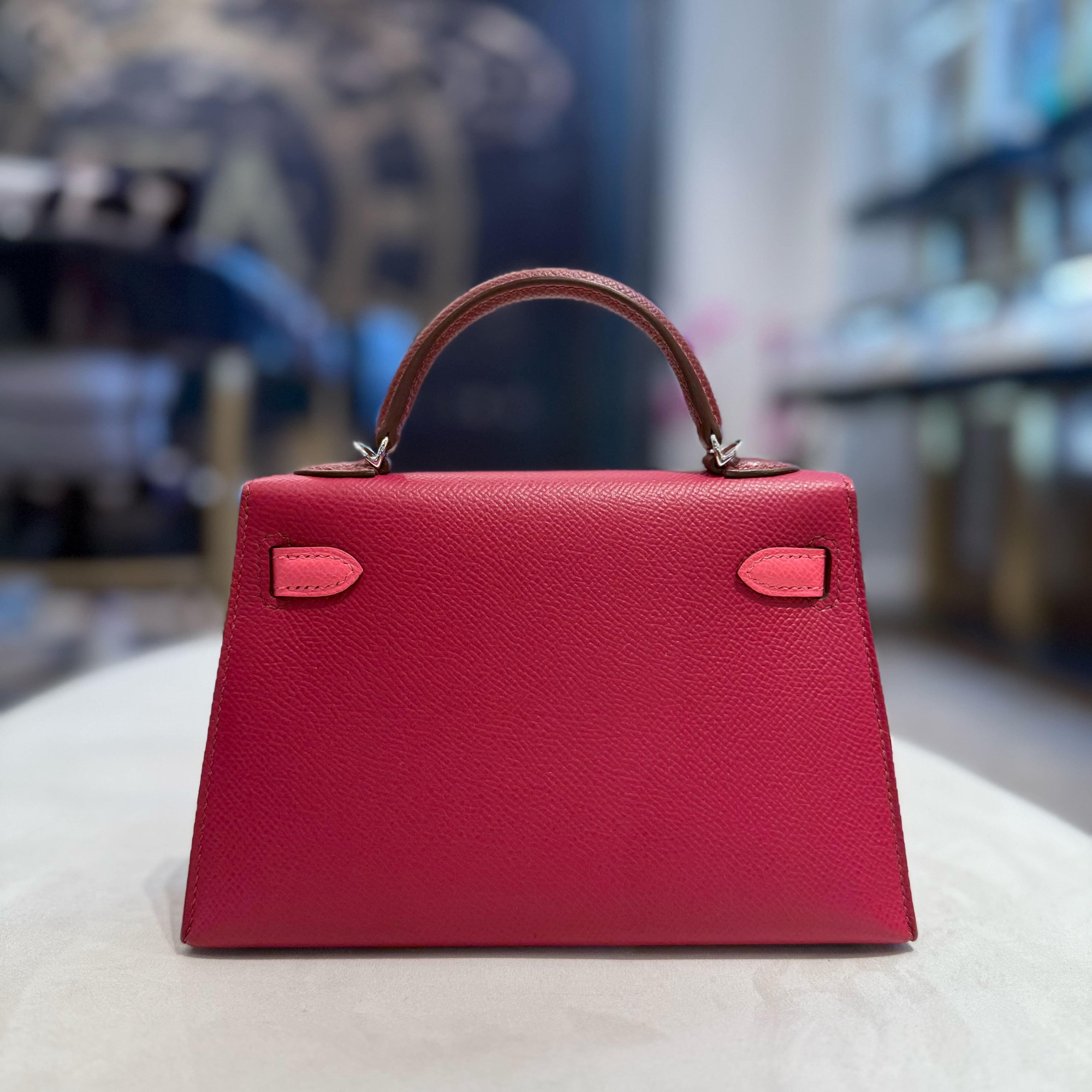 Hermès Rubis Rose Azalea Rouge Mini Kelly 20 Sellier Tricolore Epsom Palladium Hardware