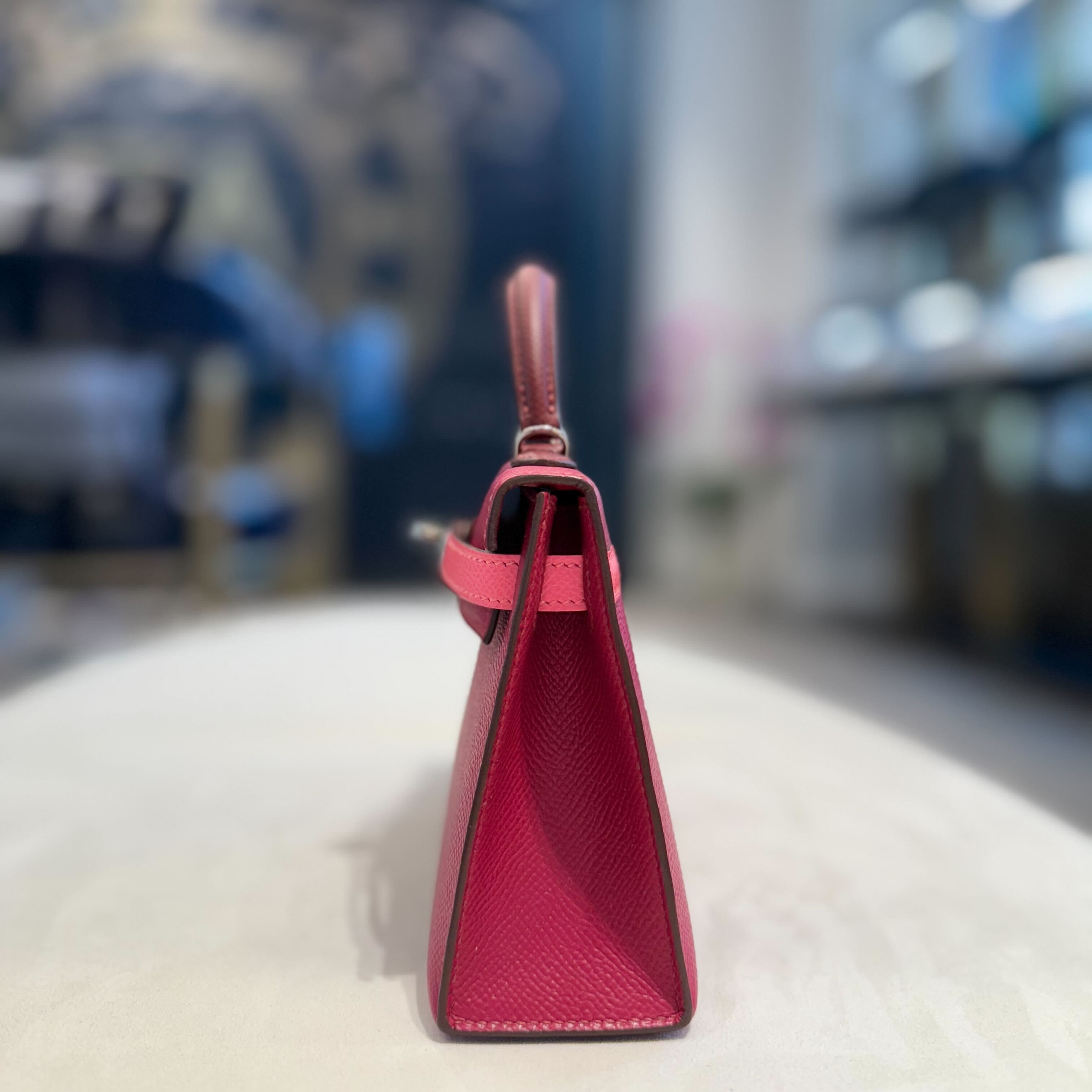 Hermès Rubis Rose Azalea Rouge Mini Kelly 20 Sellier Tricolore Epsom Palladium Hardware
