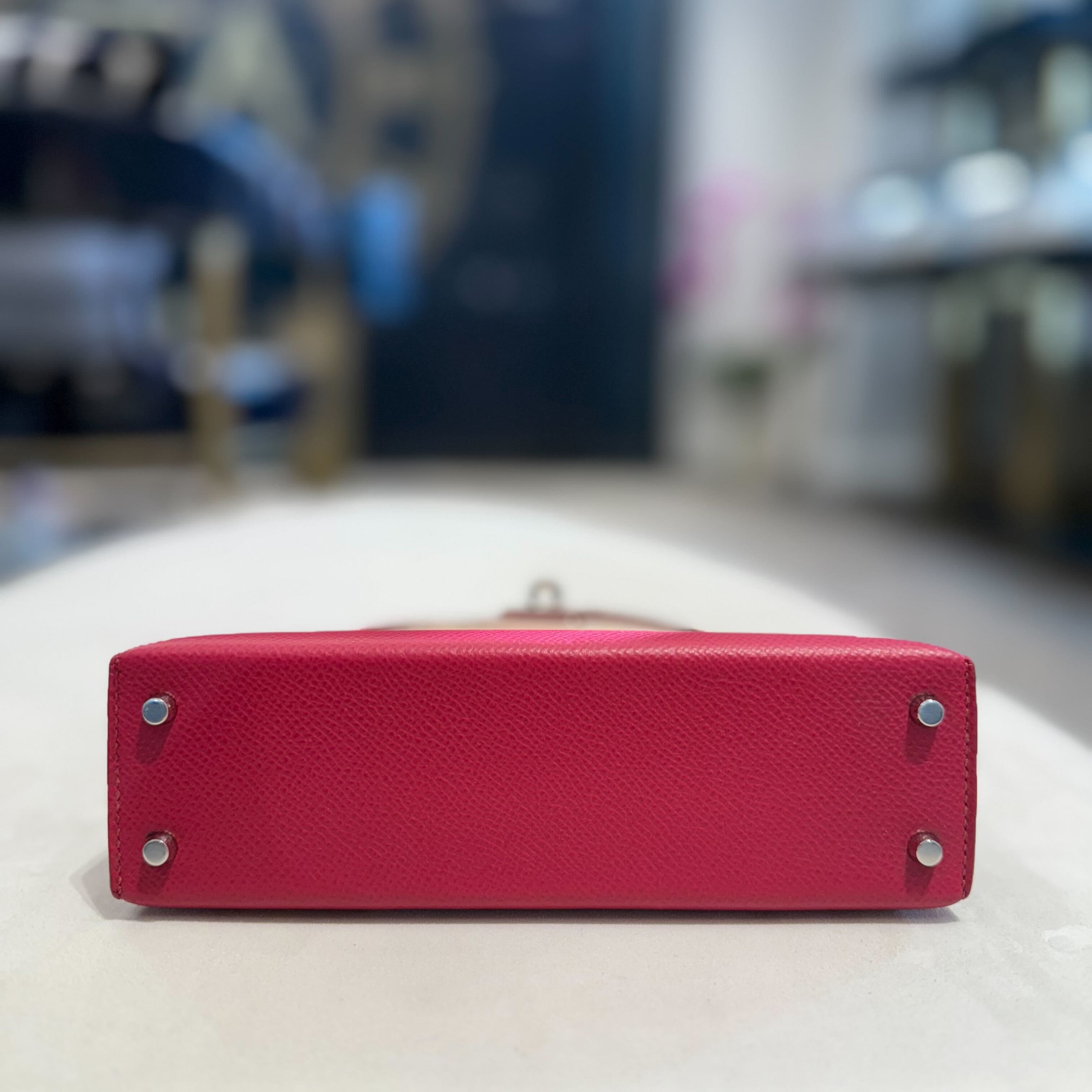 Hermès Rubis Rose Azalea Rouge Mini Kelly 20 Sellier Tricolore Epsom Palladium Hardware
