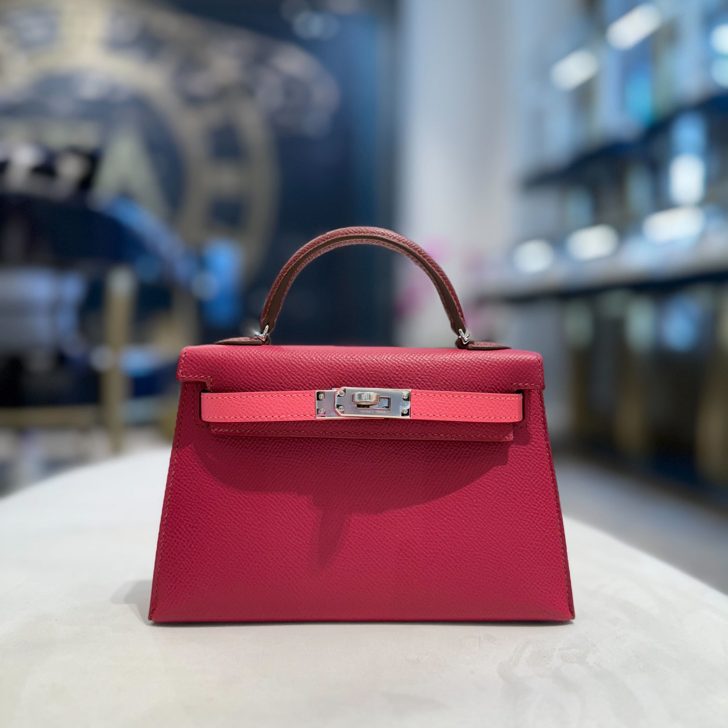 Hermès Rubis Rose Azalea Rouge Mini Kelly 20 Sellier Tricolore Epsom Palladium Hardware