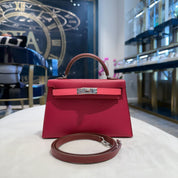 Hermès Rubis Rose Azalea Rouge Mini Kelly 20 Sellier Tricolore Epsom Palladium Hardware