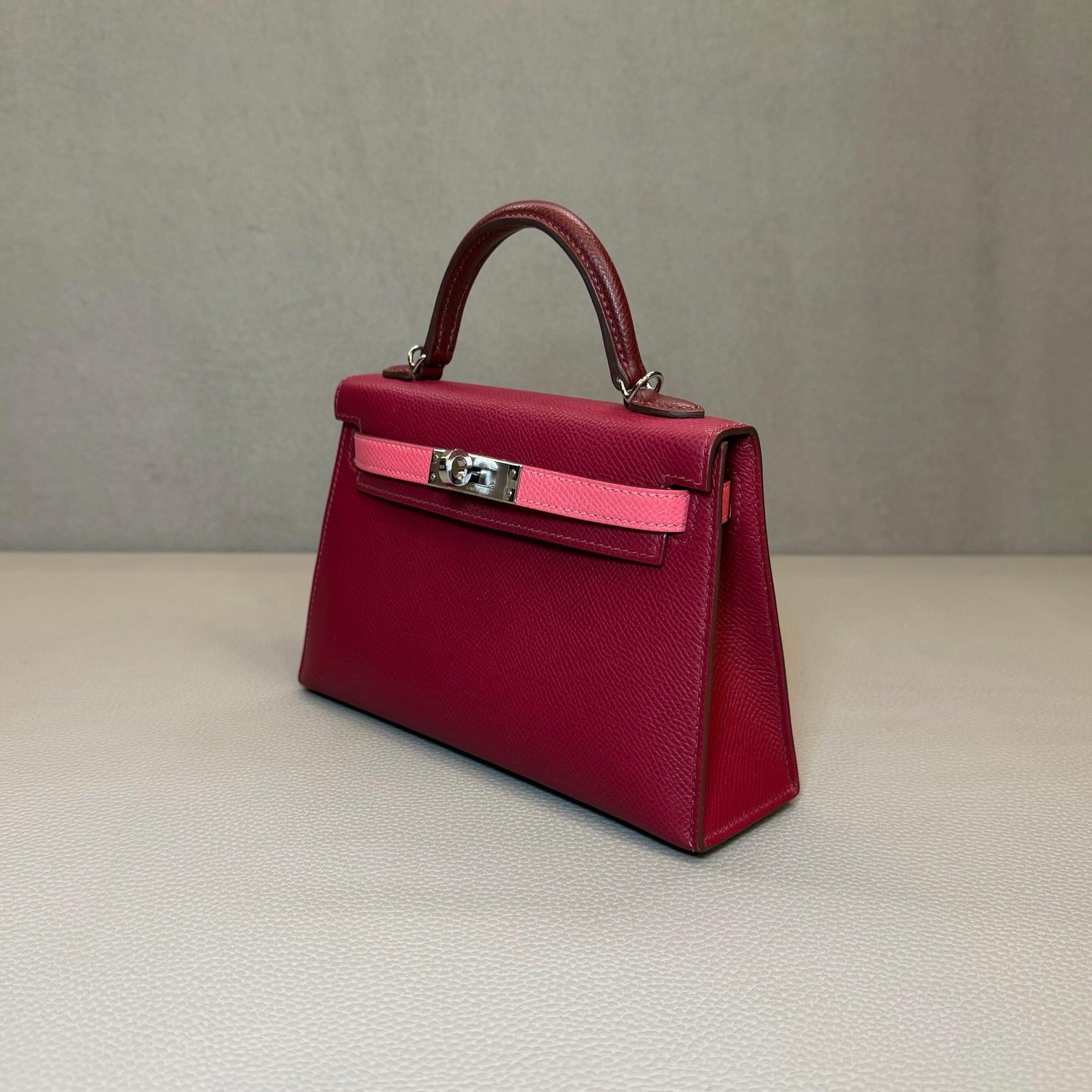 Hermès Rubis Rose Azalee Rouge Mini Kelly Sellier 20 Tricolore Epsom Palladium Hardware