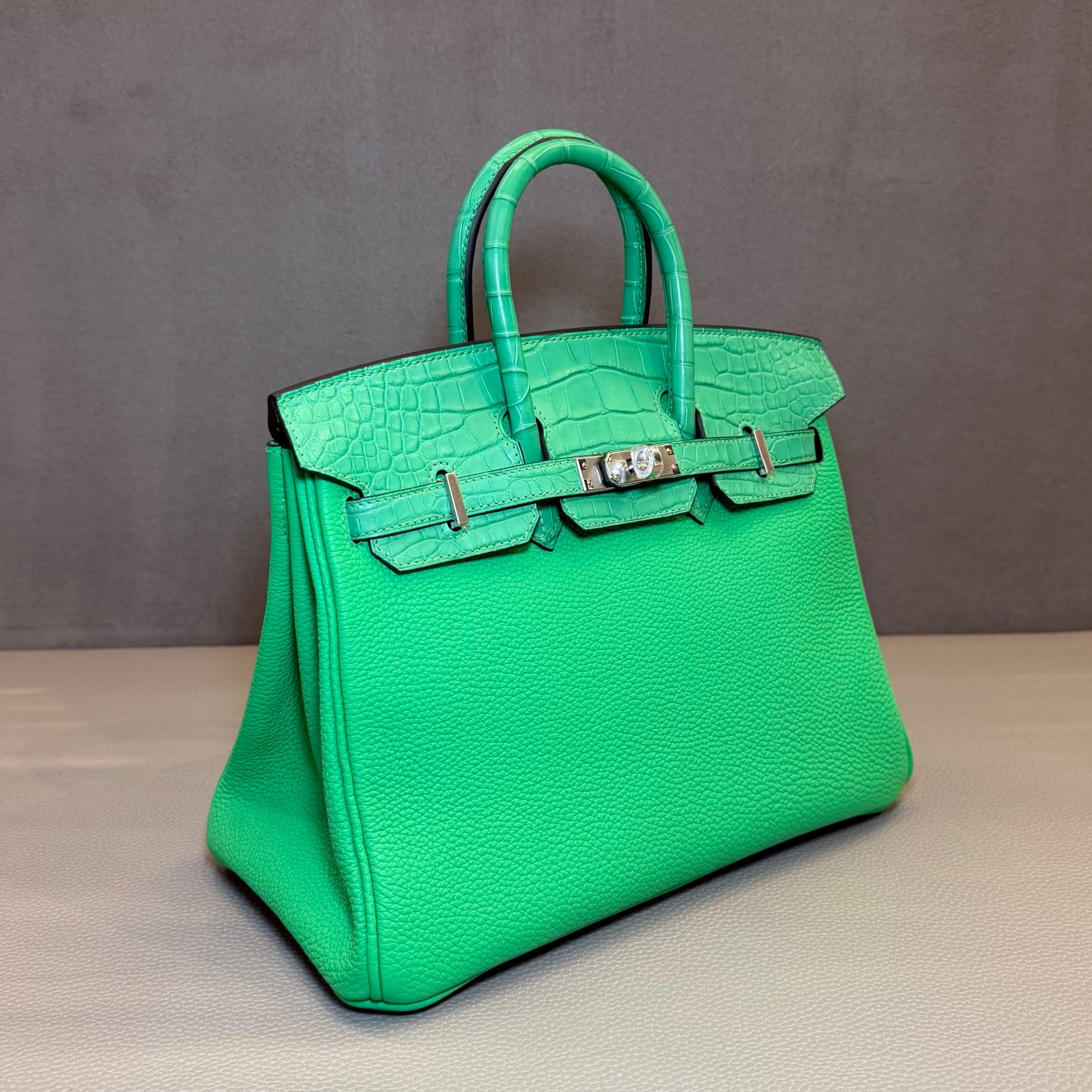 Hermès Vert Comics Birkin 25 Togo Matte Alligator Touch Palladium Hardware